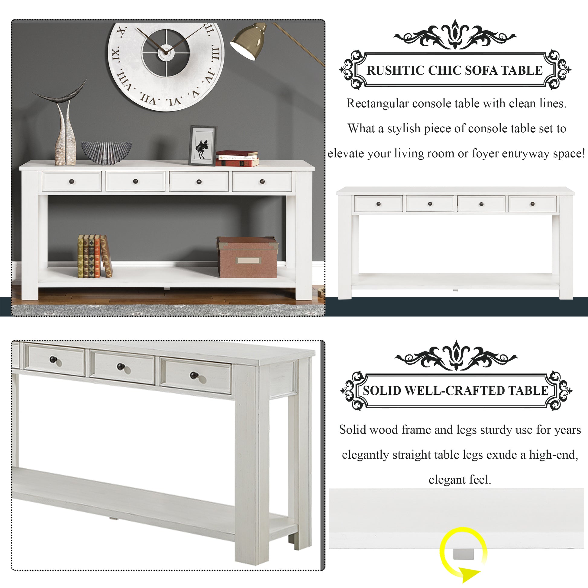 63" Pine Wood Console Table With 4 Drawers And 1 Bottom Shelf For Entryway Hallway Easy Assembly 63 Inch Long Sofa Table Antique White Antique White Pine