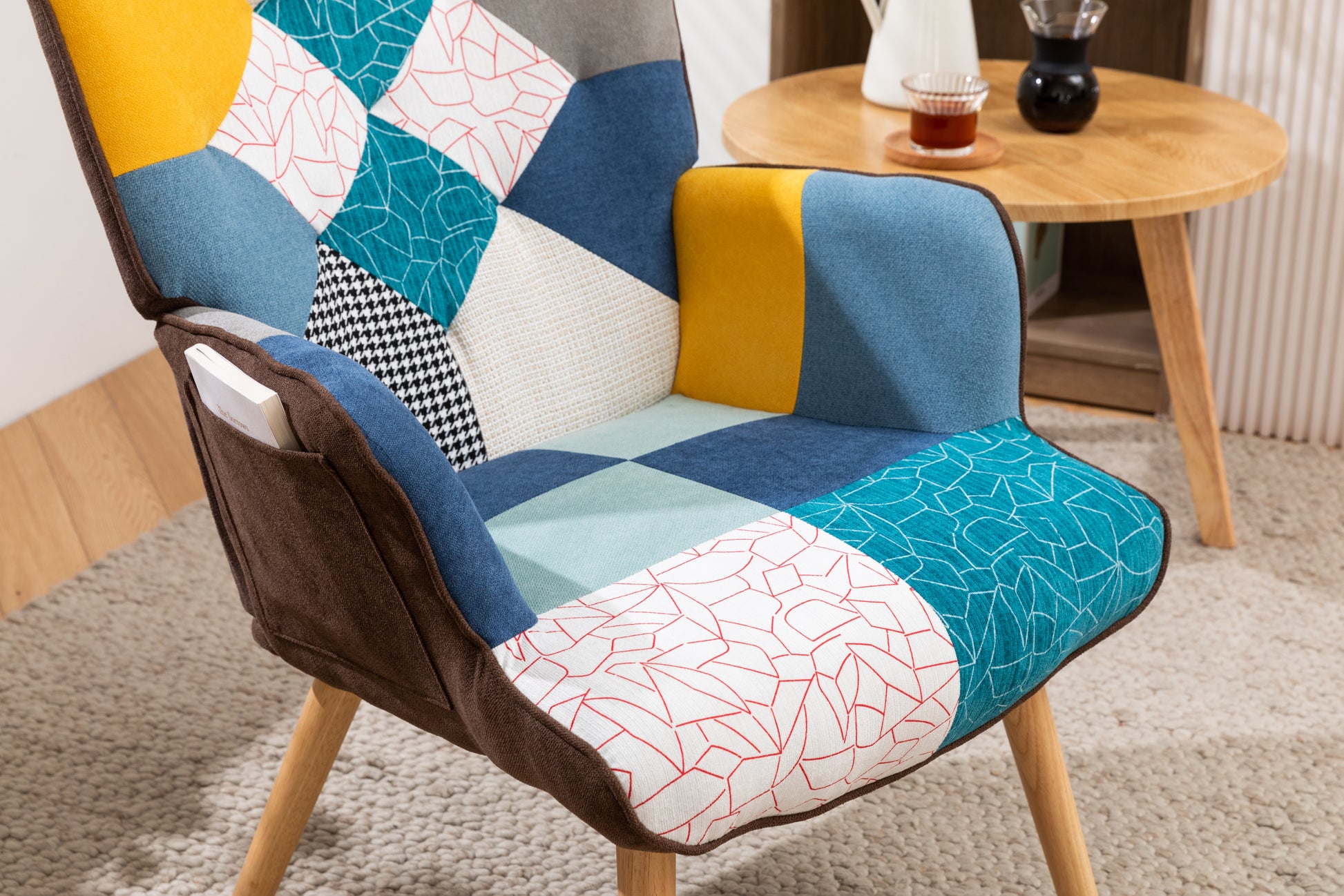Modern Patchwork Accent Chair With Solid Wood Armrest And Feet, Mid Century Modern Accent Sofa, Fabric Sofa Chair For Living Room Bedroom Studio, Comfy Side Armchair For Bed Antique Blue Foam Linen