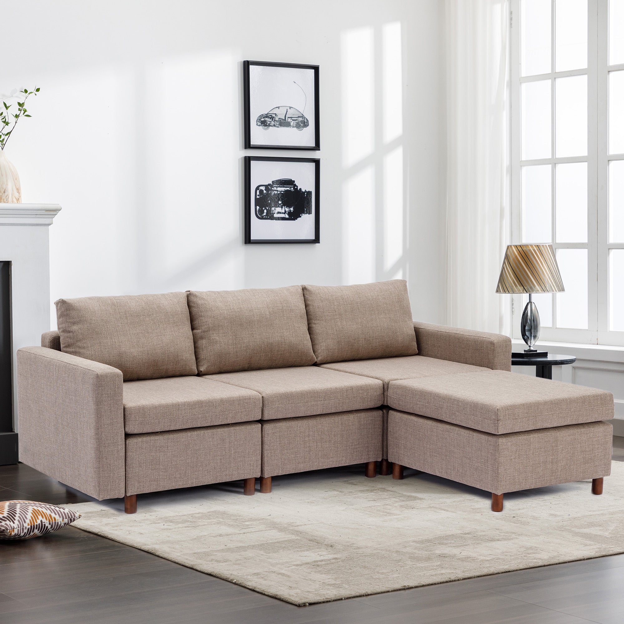 3 Seat Module Sectional Sofa Couch With 1 Ottoman For Living Room,Seat Cushion And Back Cushion Non Removable And Non Washable,Brown Brown Wood Primary Living Space Soft Modern Rubberwood Foam Linen 3 Seat