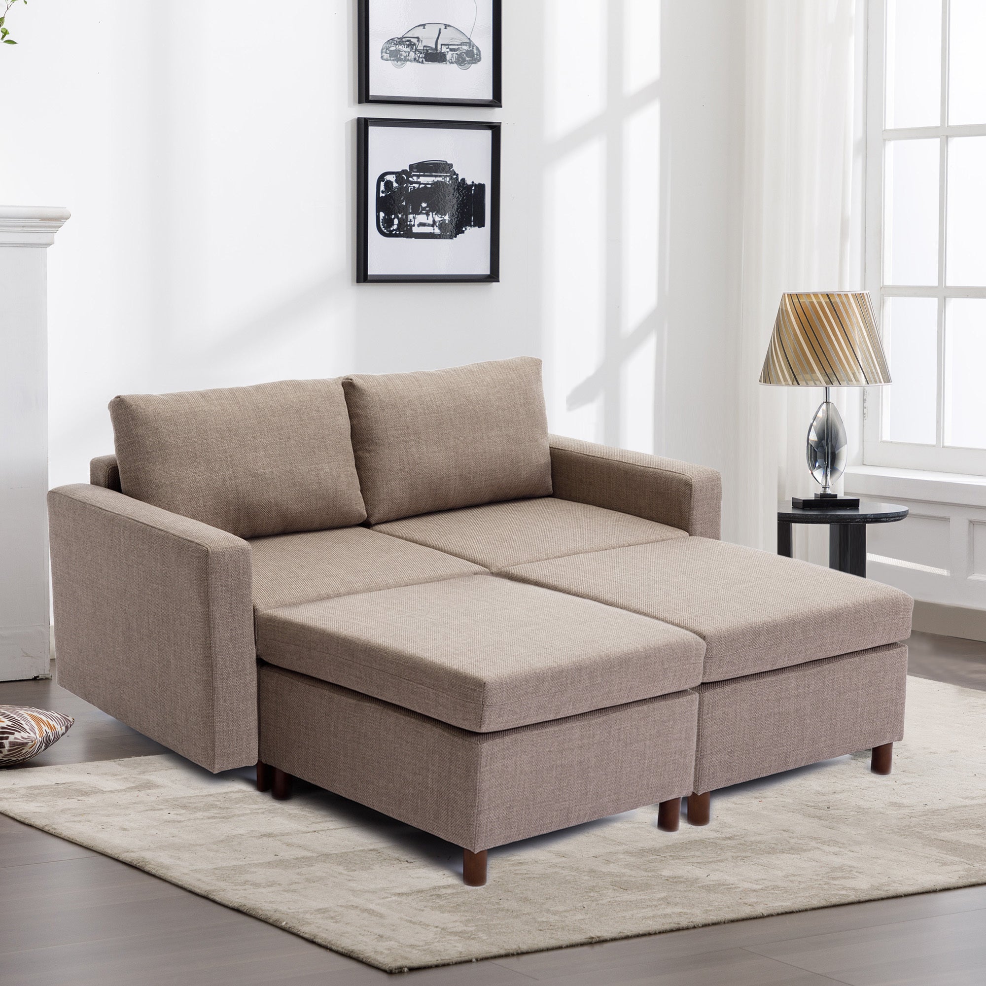 2 Seat Module Sectional Sofa Couch With 2 Ottoman For Living Room,Seat Cushion And Back Cushion Non Removable And Non Washable,Brown Brown Wood Primary Living Space Soft Modern Rubberwood Foam Linen 2 Seat