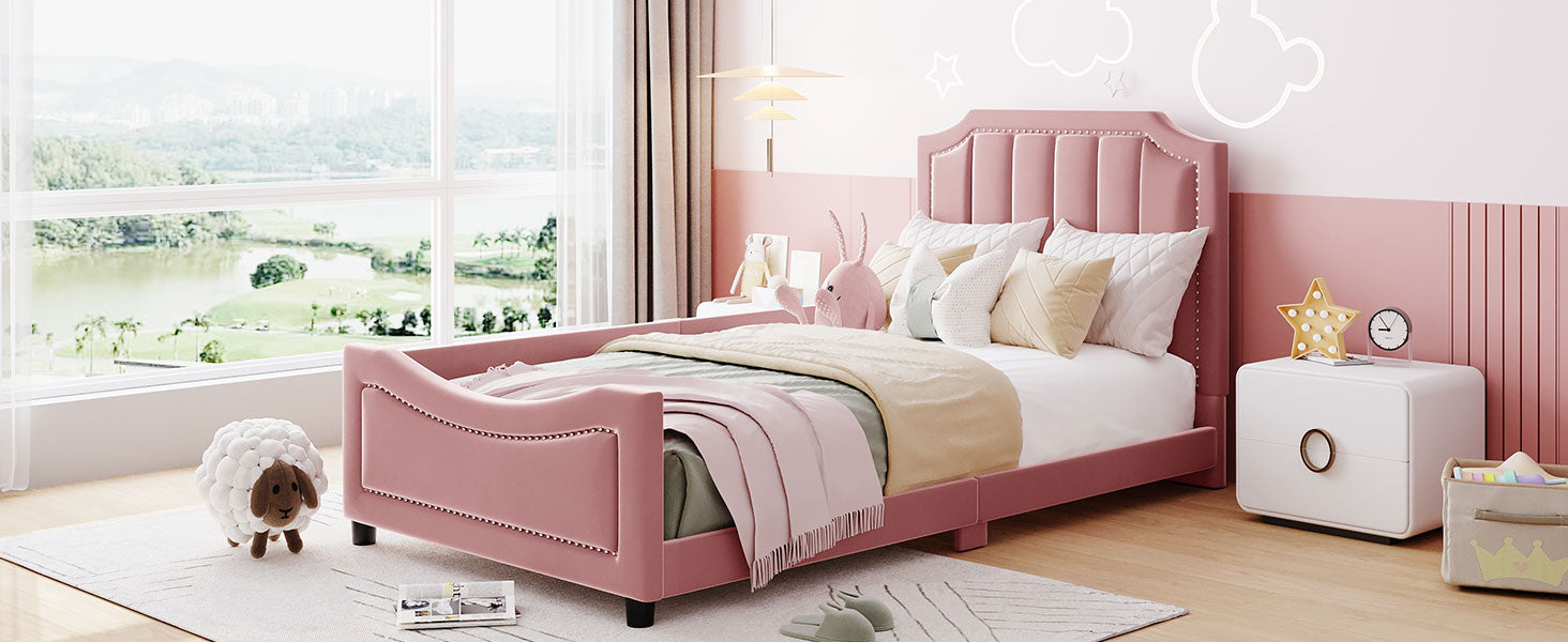 Twin Size Upholstered Daybed With Classic Stripe Shaped Headboard, Pink Pink Velvet