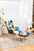 Modern Patchwork Accent Chair With Solid Wood Armrest And Feet, Mid Century Modern Accent Sofa, Fabric Sofa Chair For Living Room Bedroom Studio, Comfy Side Armchair For Bed Antique Blue Foam Linen