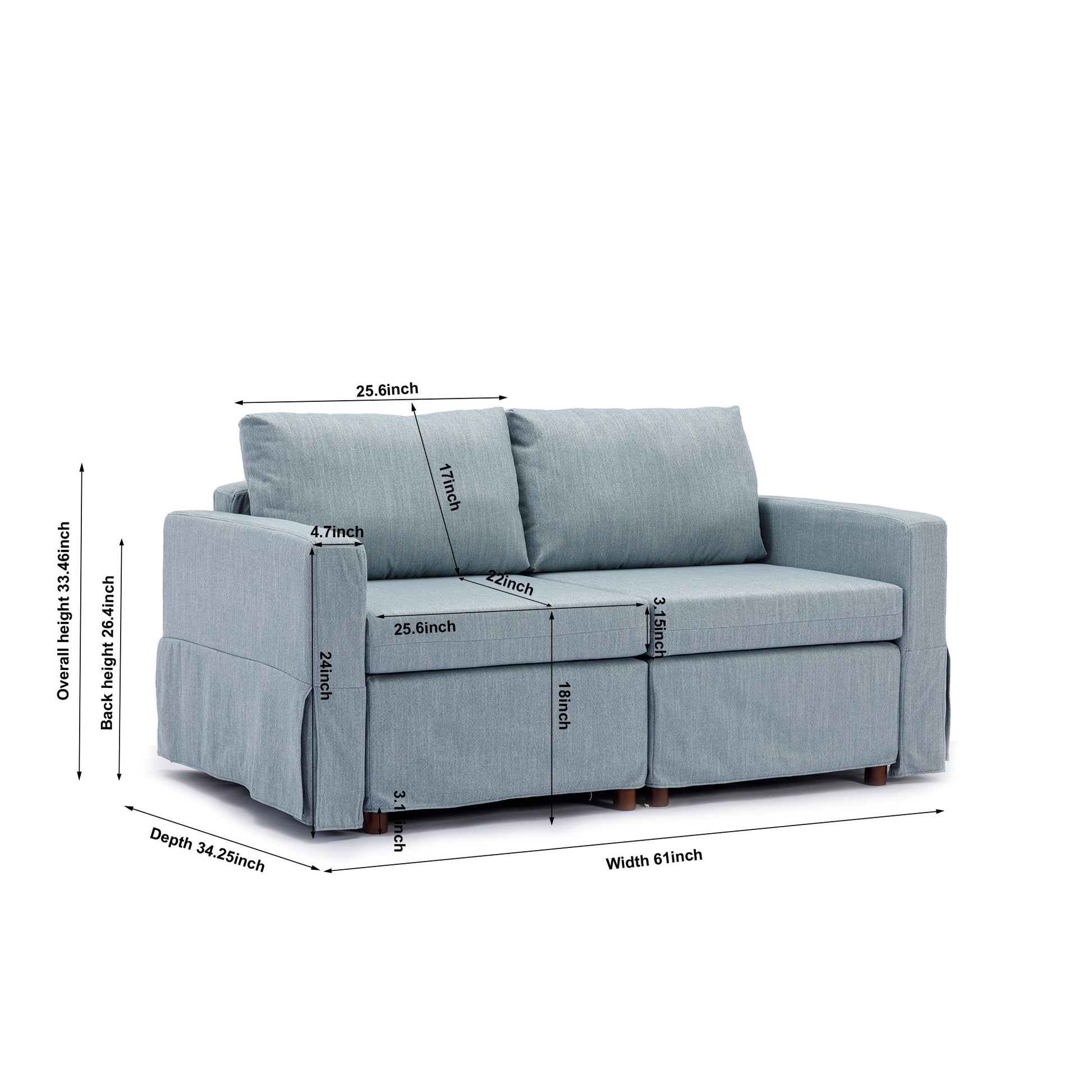 2 Seat Module Sectional Sofa Couch,Seat Cushion And Back Cushion Removable And Washable,Linen Fabric Cover,Light Blue Light Blue Wood Primary Living Space Medium Soft Foam Linen 2 Seat