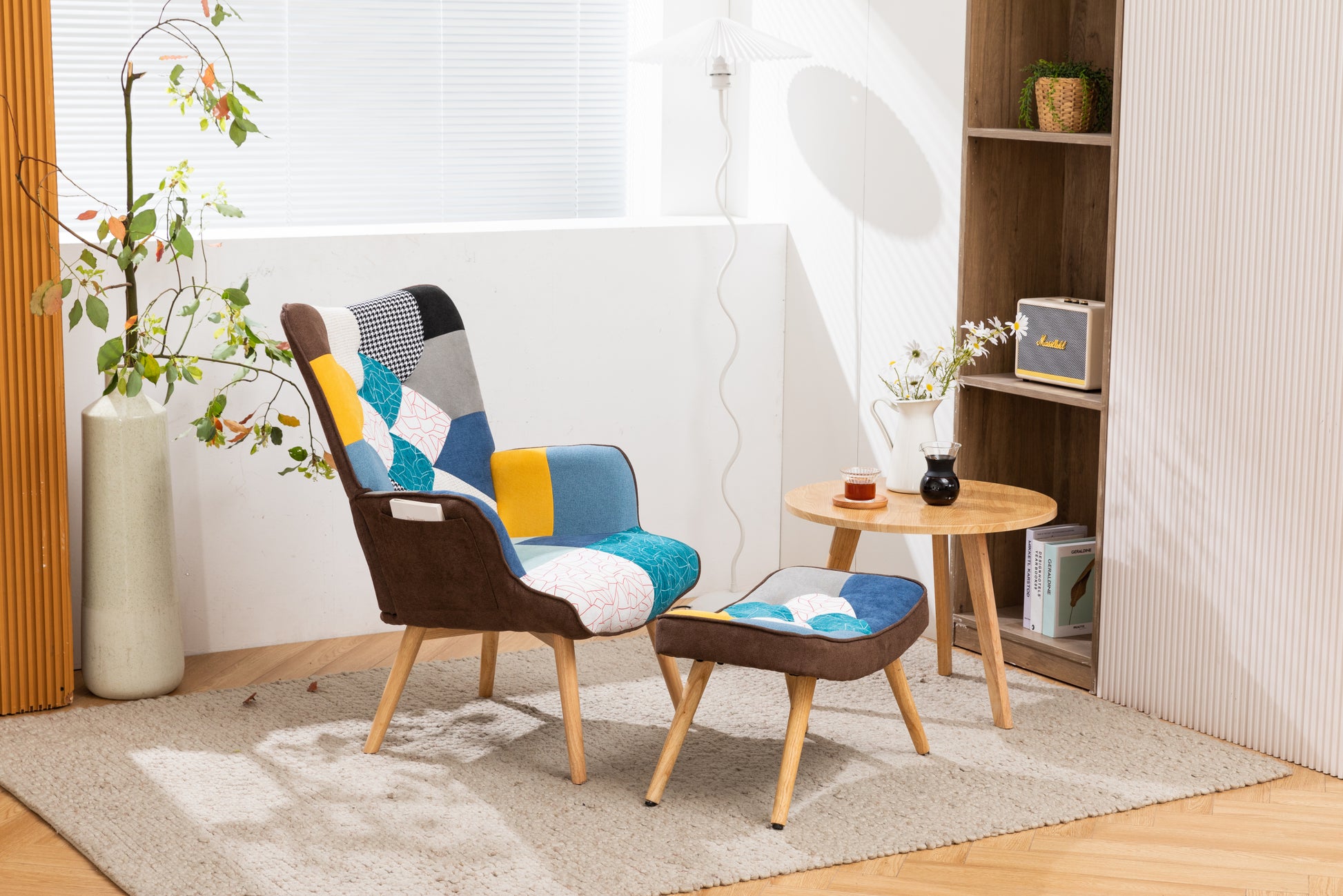 Modern Patchwork Accent Chair With Solid Wood Armrest And Feet, Mid Century Modern Accent Sofa, Fabric Sofa Chair For Living Room Bedroom Studio, Comfy Side Armchair For Bed Antique Blue Foam Linen