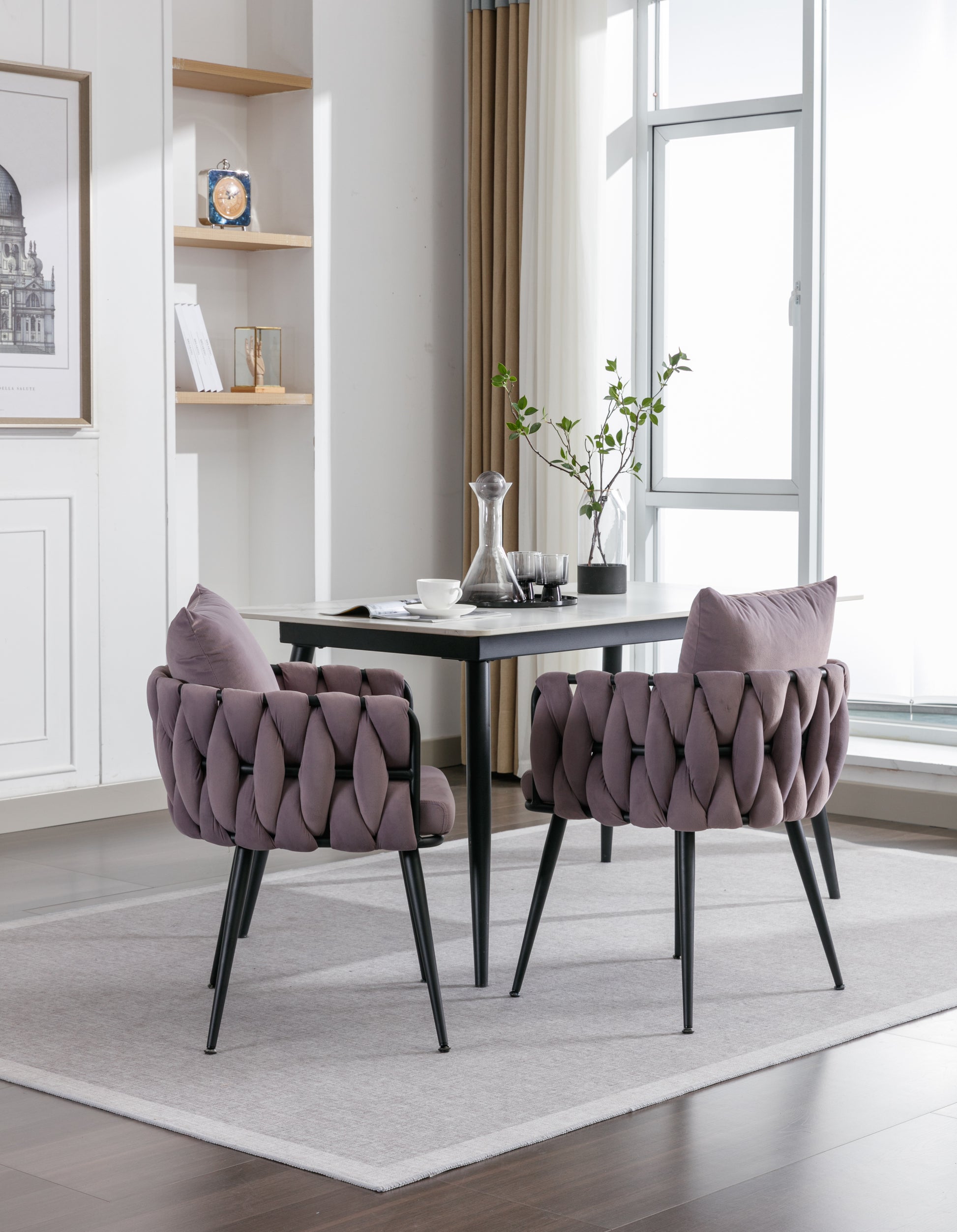 Pure Purple Modern Velvet Dining Chairs Set Of 2 Hand Weaving Accent Chairs Living Room Chairs Upholstered Side Chair With Black Metal Legs For Dining Room Kitchen Vanity Living Room Purple Velvet