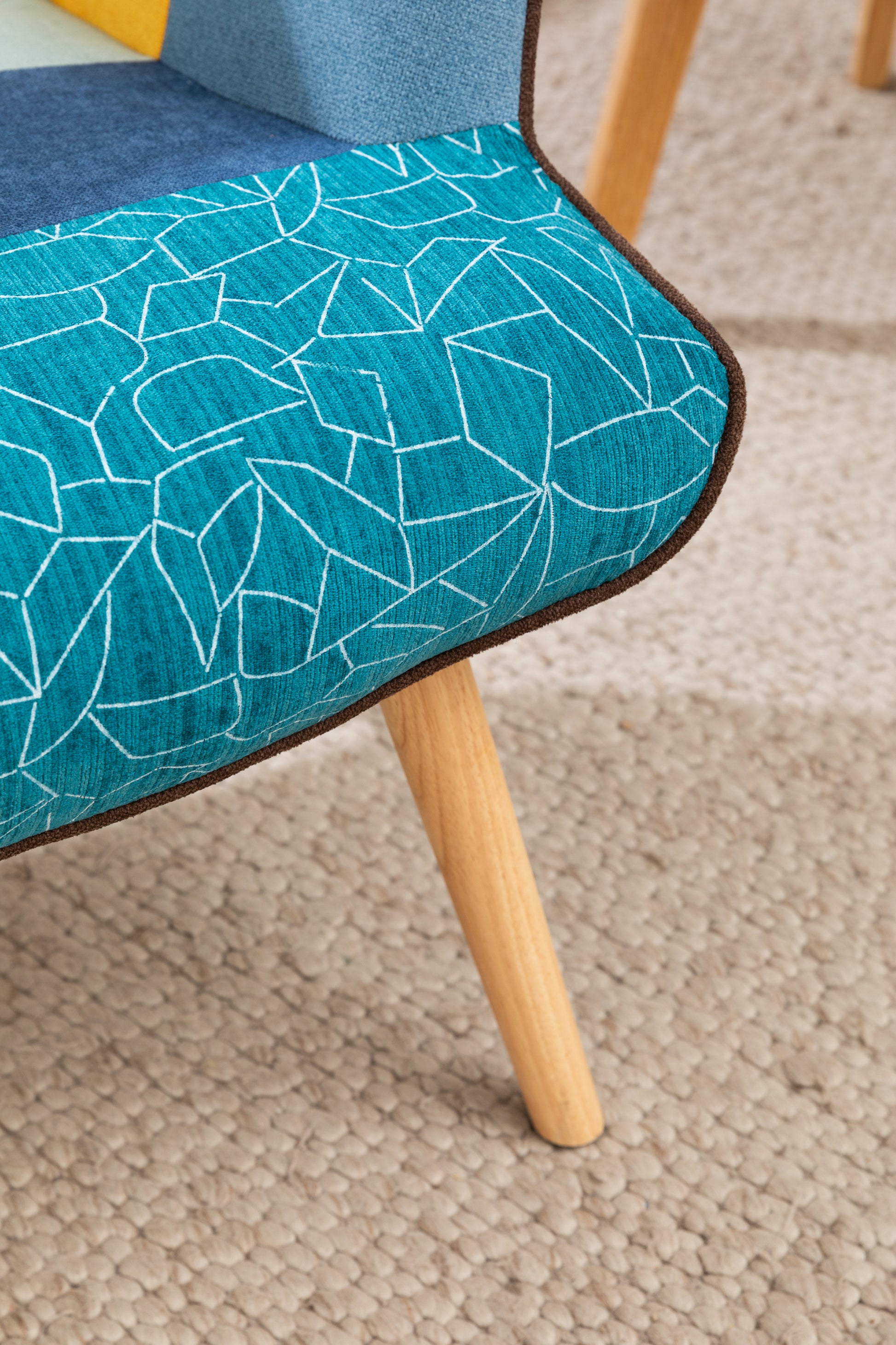 Modern Patchwork Accent Chair With Solid Wood Armrest And Feet, Mid Century Modern Accent Sofa, Fabric Sofa Chair For Living Room Bedroom Studio, Comfy Side Armchair For Bed Antique Blue Foam Linen