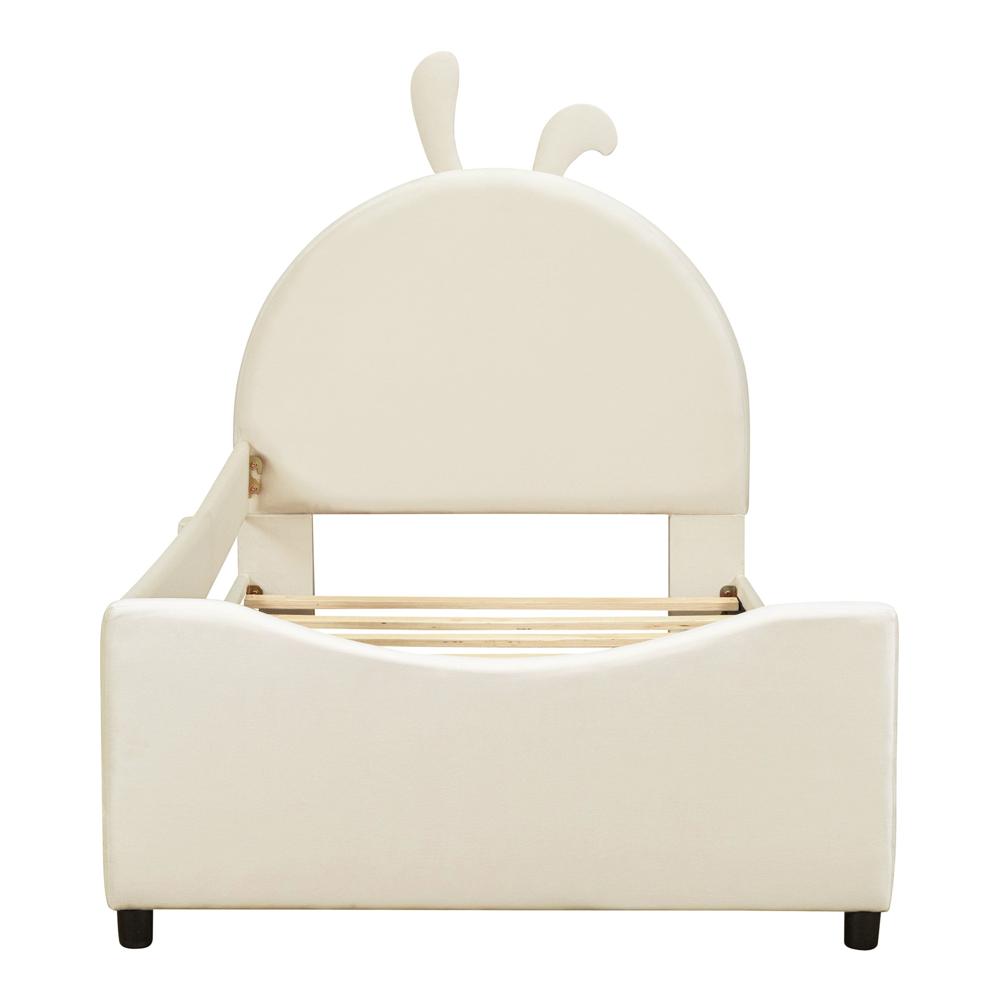 Twin Size Upholstered Daybed With Rabbit Ear Shaped Headboard, Beige Beige Velvet