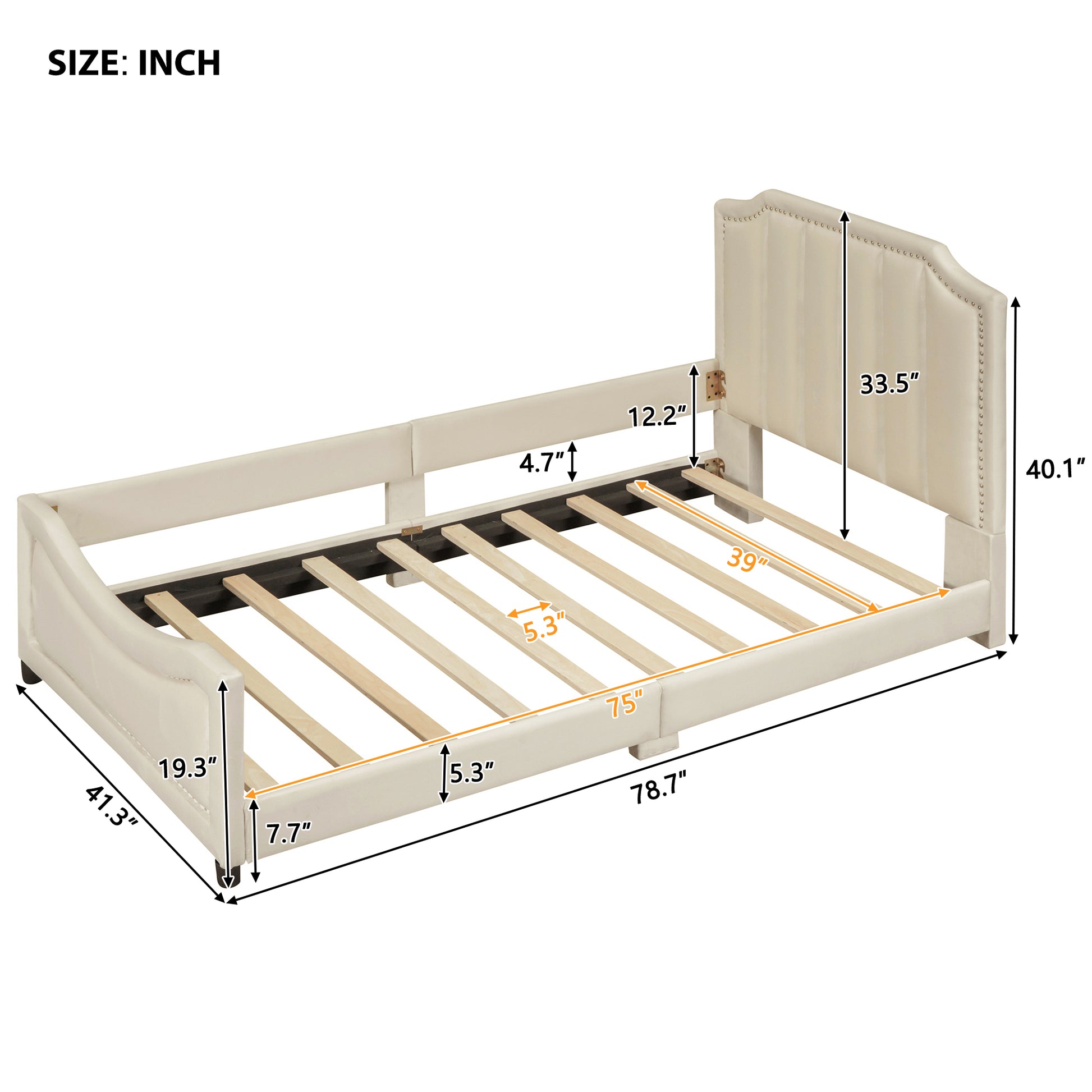 Twin Size Upholstered Daybed With Classic Stripe Shaped Headboard, Beige Beige Velvet