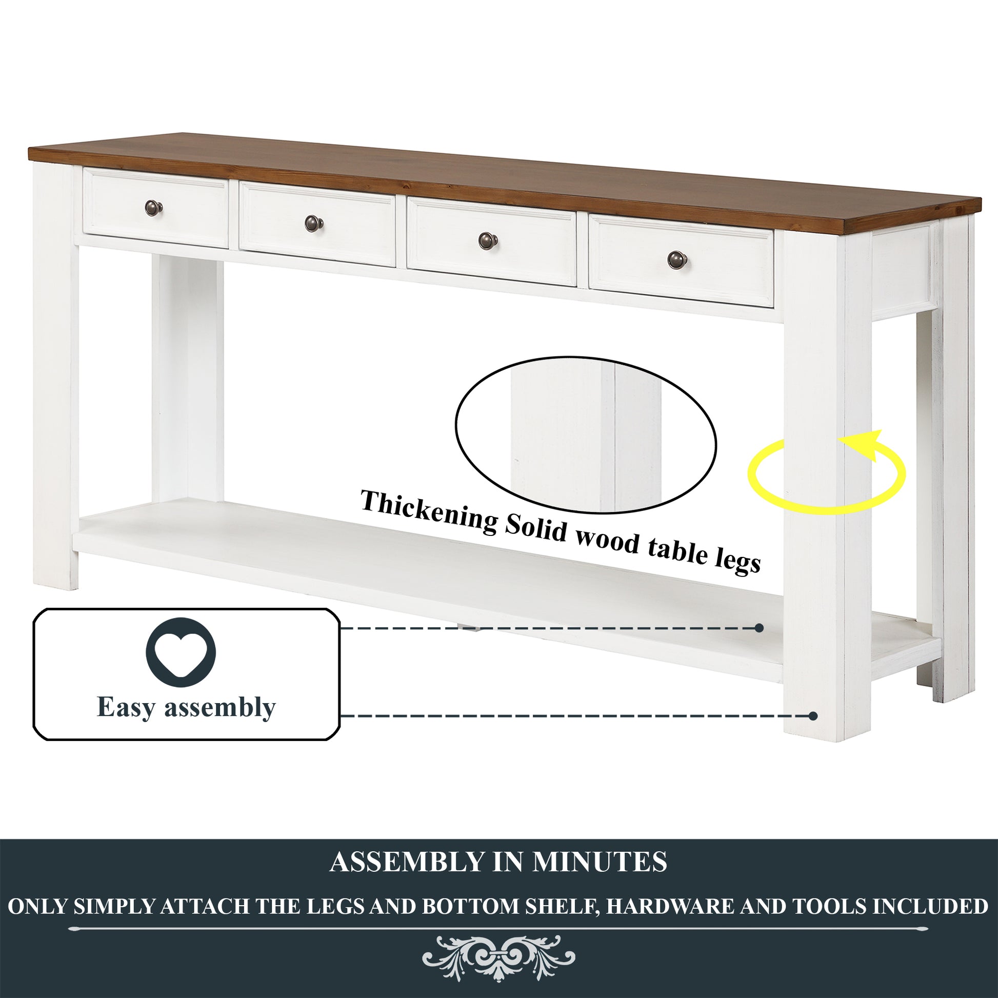 63" Pine Wood Console Table With 4 Drawers And 1 Bottom Shelf For Entryway Hallway Easy Assembly 63 Inch Long Sofa Table Antique White Brown Top Antique White Pine