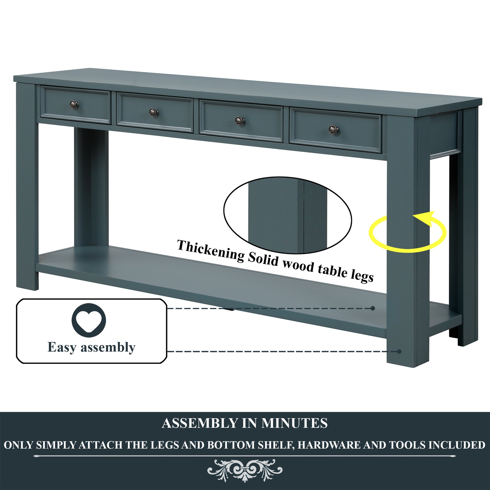63" Pine Wood Console Table With 4 Drawers And 1 Bottom Shelf For Entryway Hallway Easy Assembly 63 Inch Long Sofa Table Dark Blue Blue Pine