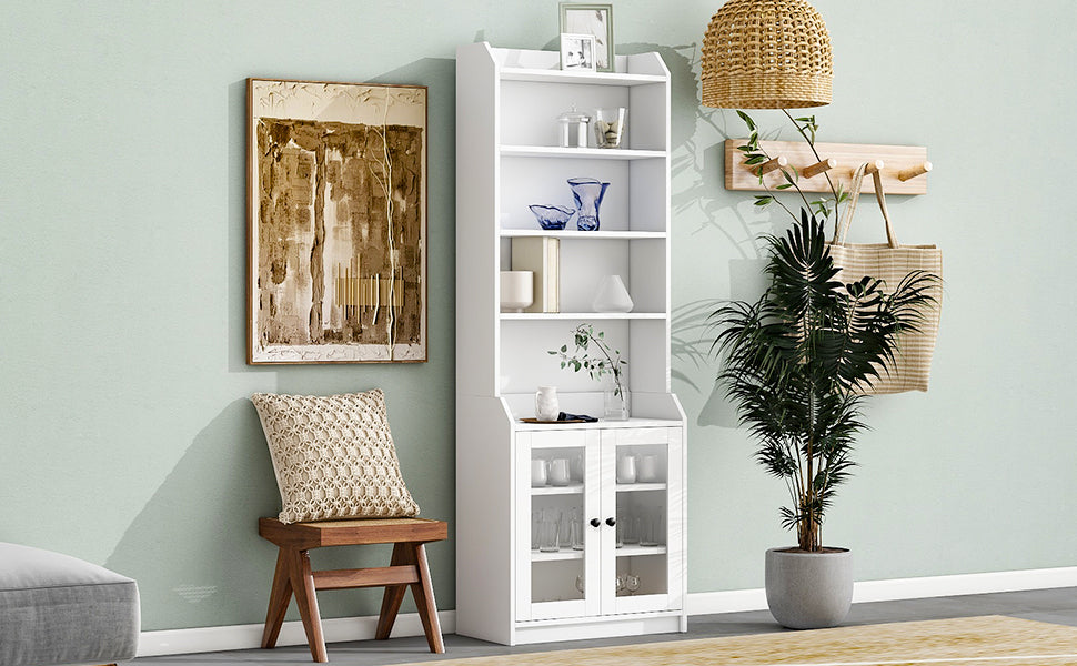 Elegant Tall Cabinet With Acrylic Board Door, Versatile Sideboard With Graceful Curves, Contemporary Bookshelf With Adjustable Shelves For Living Room, White Freestanding 5 Or More Shelves White Primary Living Space Open Storage Space Particle Board