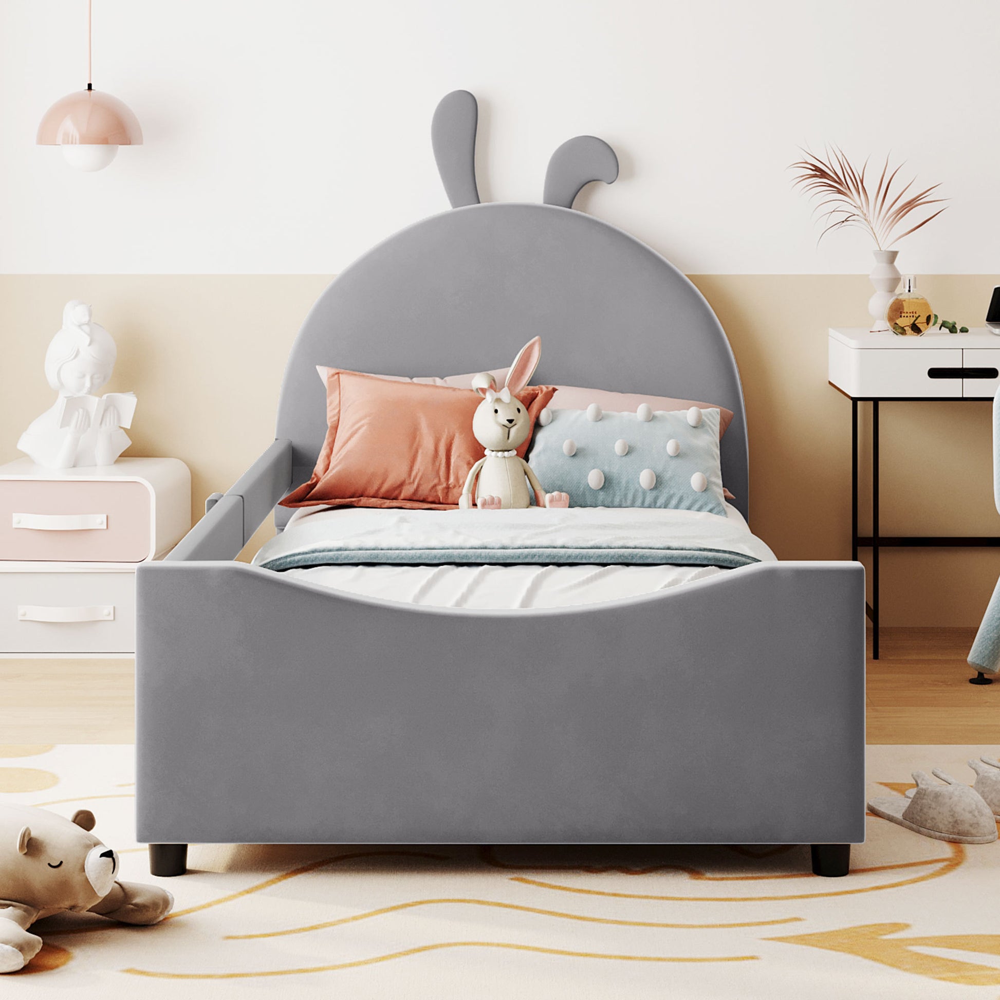 Twin Size Upholstered Daybed With Rabbit Ear Shaped Headboard, Gray Gray Velvet