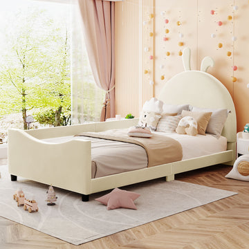 Twin Size Upholstered Daybed With Rabbit Ear Shaped Headboard, Beige Beige Velvet