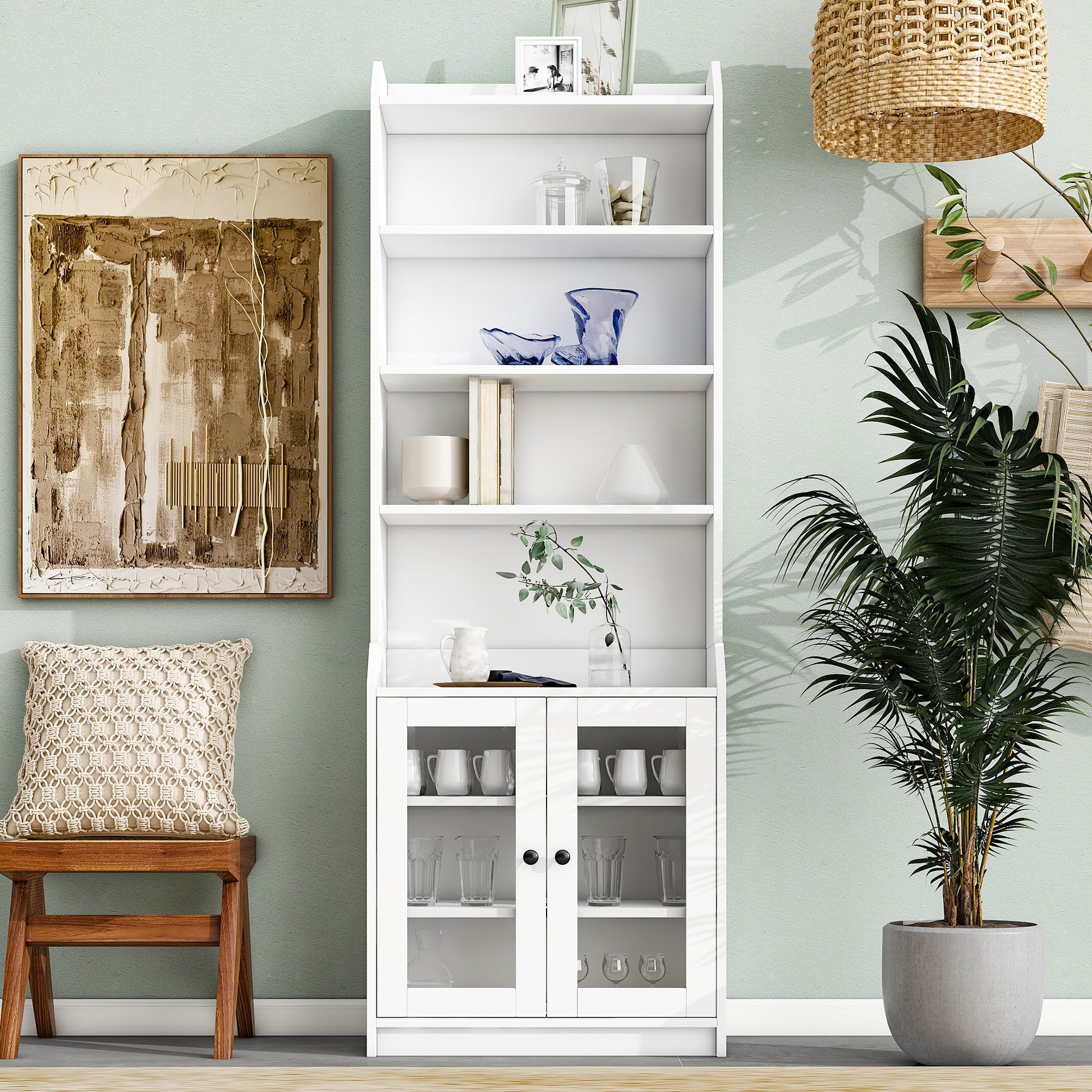 Elegant Tall Cabinet With Acrylic Board Door, Versatile Sideboard With Graceful Curves, Contemporary Bookshelf With Adjustable Shelves For Living Room, White Freestanding 5 Or More Shelves White Primary Living Space Open Storage Space Particle Board