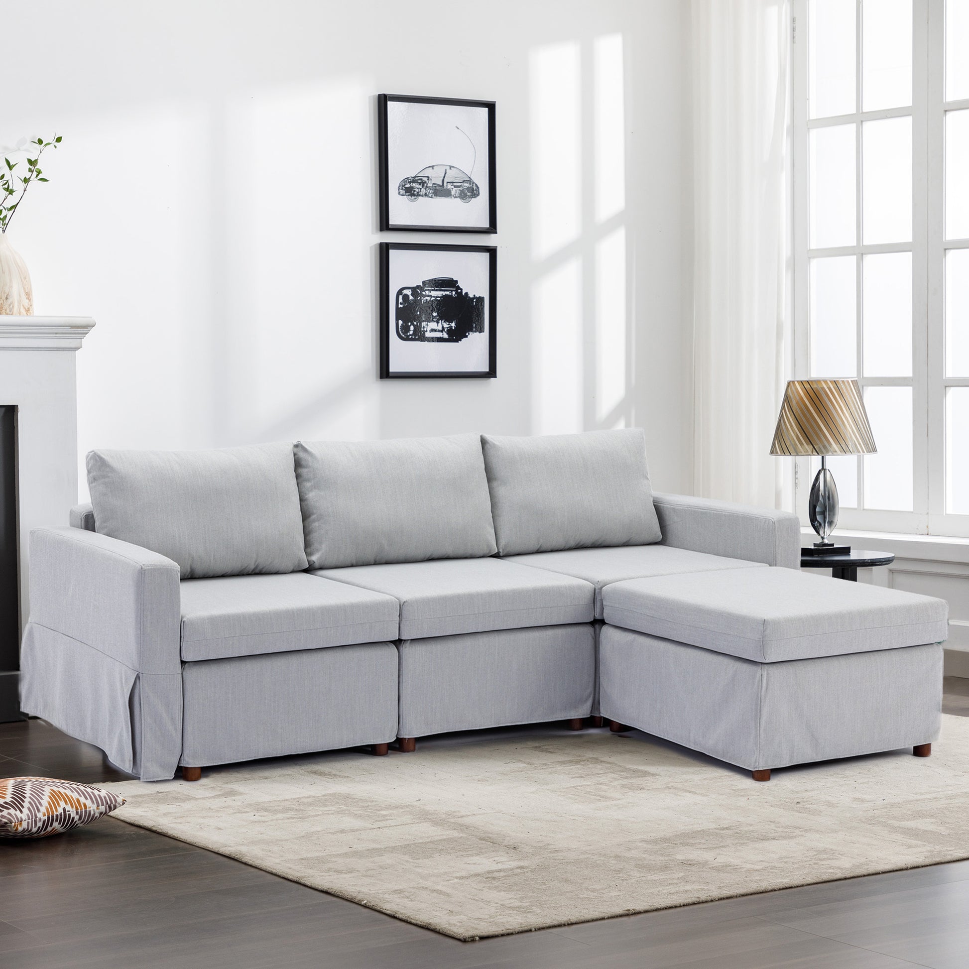 3 Seat Module Sectional Sofa Couch With 1 Ottoman,Seat Cushion And Back Cushion Removable And Washable,Light Grey Light Grey Wood Primary Living Space Soft Modern Rubberwood Foam Linen 3 Seat