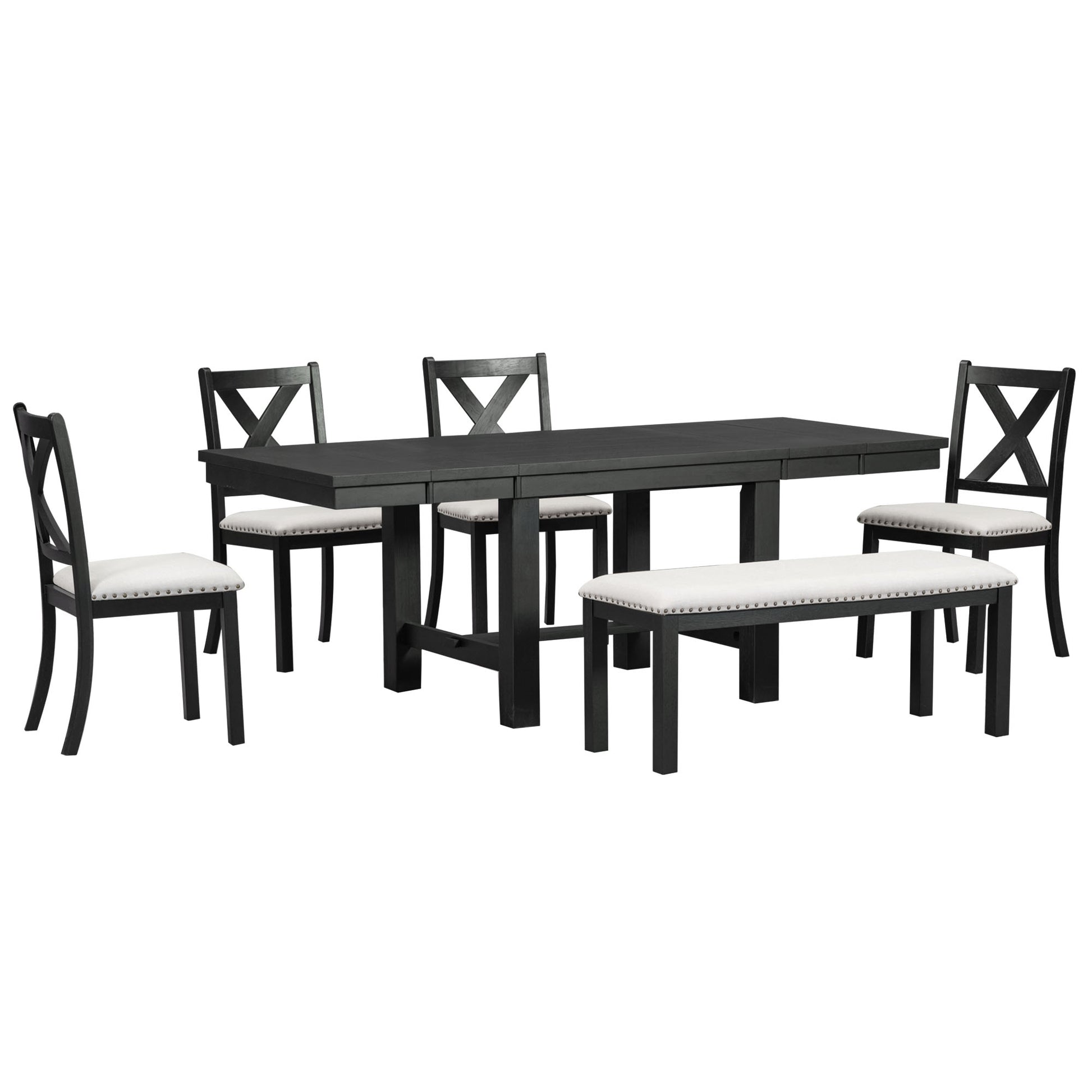 Farmhouse 82Inch 6 Piece Extendable Dining Table With Footrest, 4 Upholstered Dining Chairs And Dining Bench, Two 11"Removable Leaf, Black Beige Cushion Wood Dining Room Bench Seating Acacia