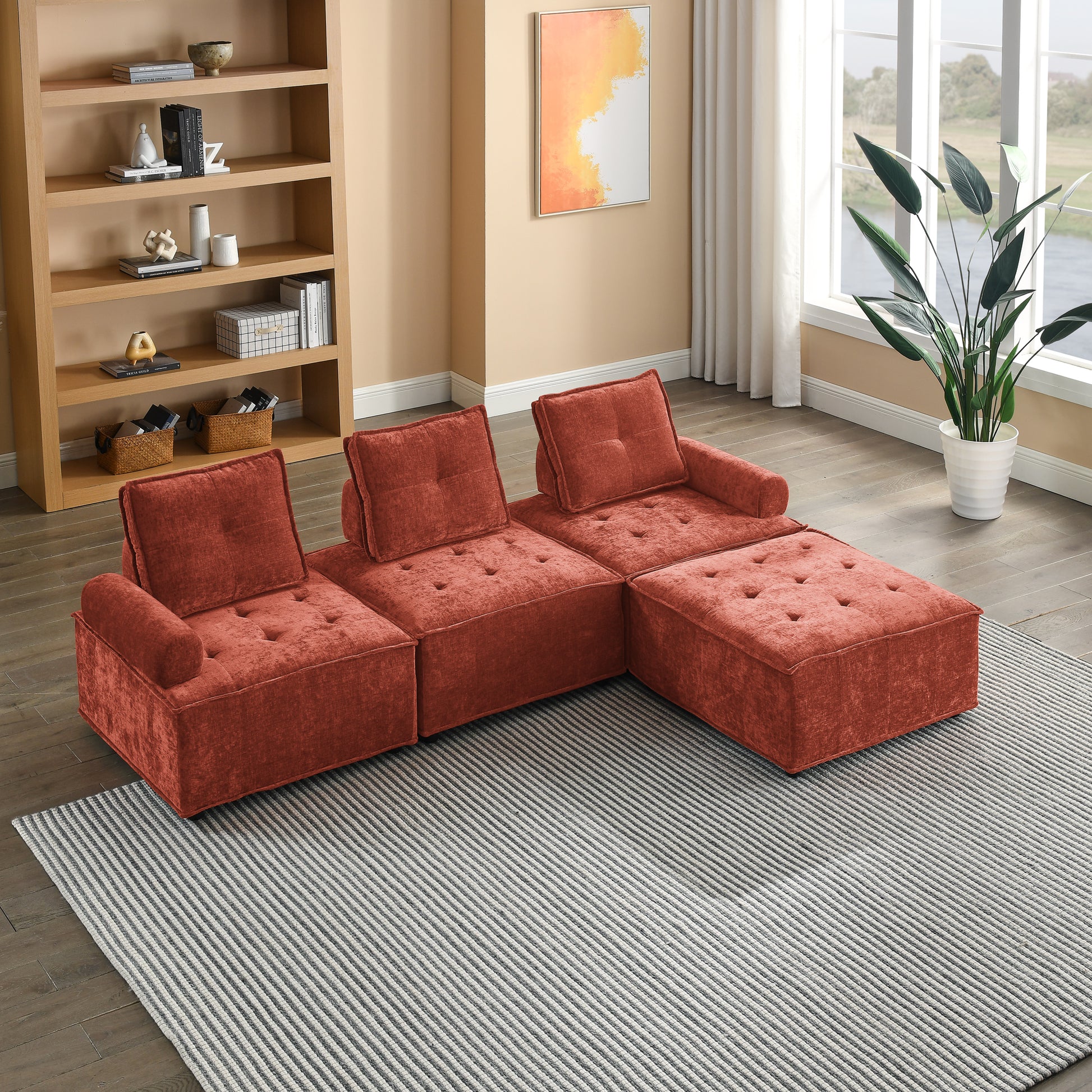 L Shape Modular Sectional Sofa, Diy Combination, Chenille Red Chenille Wood Tight Back Eucalyptus Square Arms Foam Chenille 4 Seat