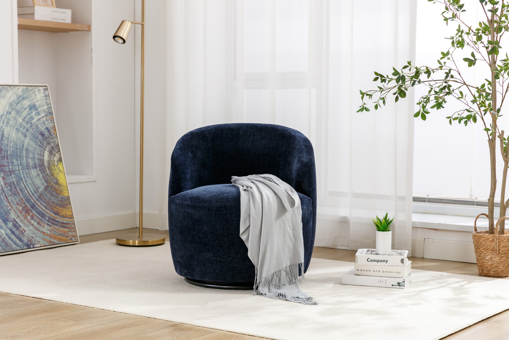 Chenille Fabric Swivel Accent Armchair Barrel Chair With Black Powder Coating Metal Ring,Blue Blue Foam Chenille