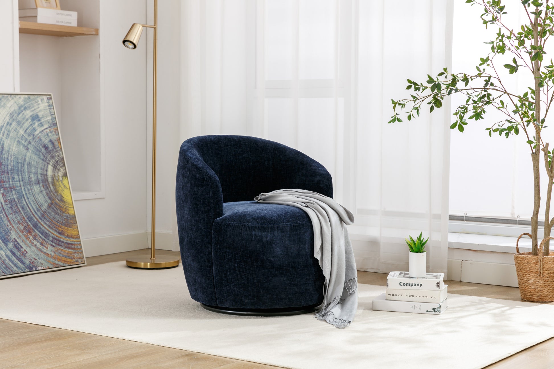 Chenille Fabric Swivel Accent Armchair Barrel Chair With Black Powder Coating Metal Ring,Blue Blue Foam Chenille