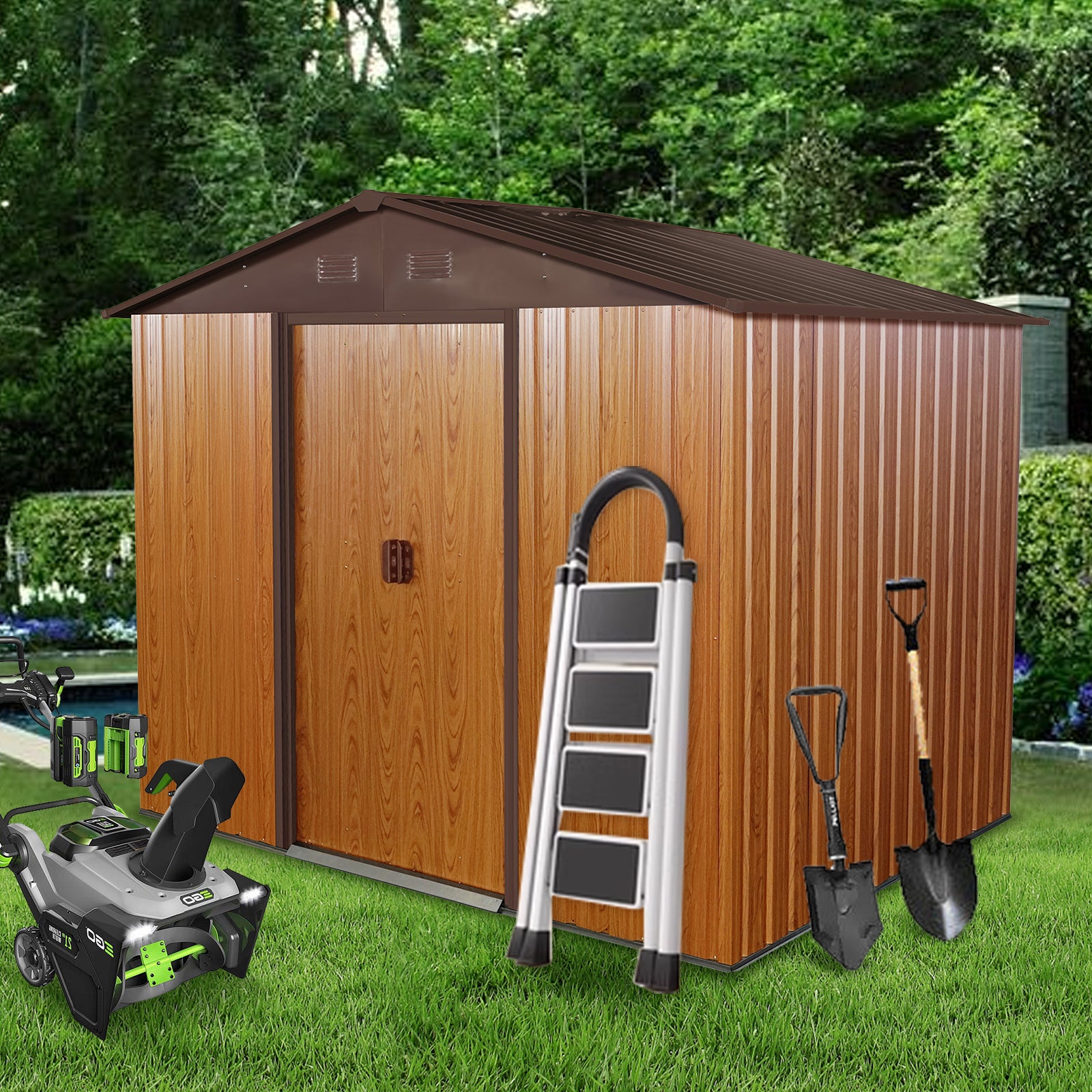 8Ft X 6Ft Outdoor Metal Storage Shed With Floor Base,Coffee W540S00014 Coffee Iron