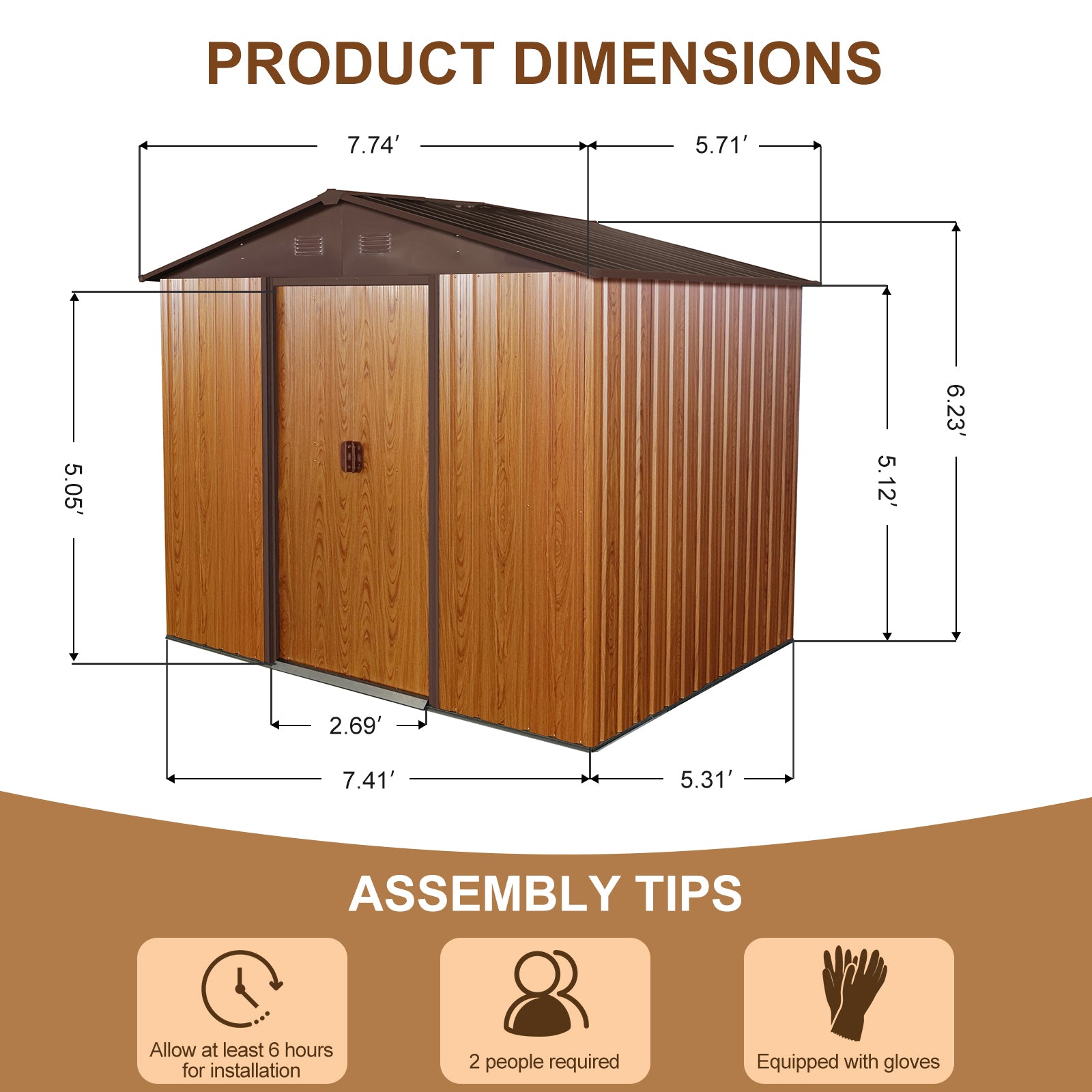 8Ft X 6Ft Outdoor Metal Storage Shed With Floor Base,Coffee W540S00014 Coffee Iron