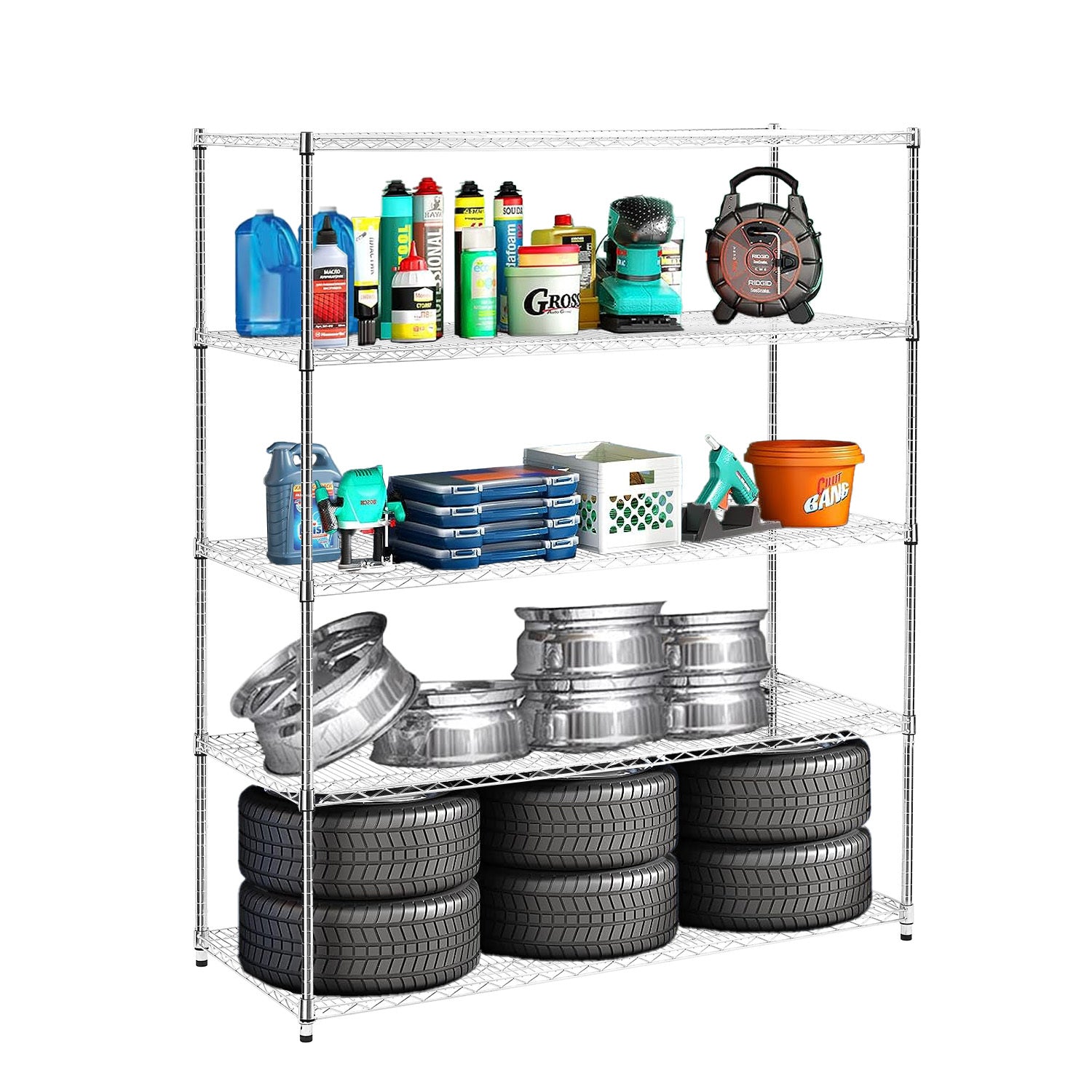 Warehouse, Supermarket,Kitchen,And Other 5 Layer Heavy Duty Adjustable Shelves With Wheels And Adjustable Feet,Each Metal Frame Bearing 300 Pounds. 59.45 "L 24.02 "W 71.65 "H. Silver Steel