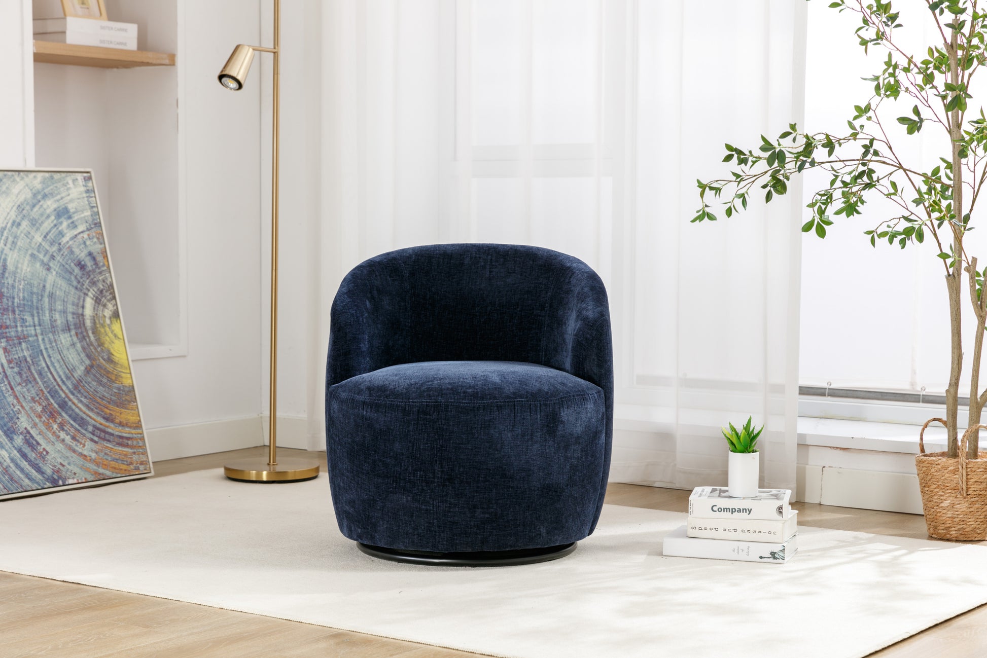 Chenille Fabric Swivel Accent Armchair Barrel Chair With Black Powder Coating Metal Ring,Blue Blue Foam Chenille