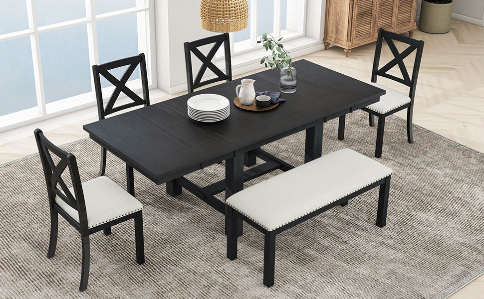 Farmhouse 82Inch 6 Piece Extendable Dining Table With Footrest, 4 Upholstered Dining Chairs And Dining Bench, Two 11"Removable Leaf, Black Beige Cushion Wood Dining Room Bench Seating Acacia