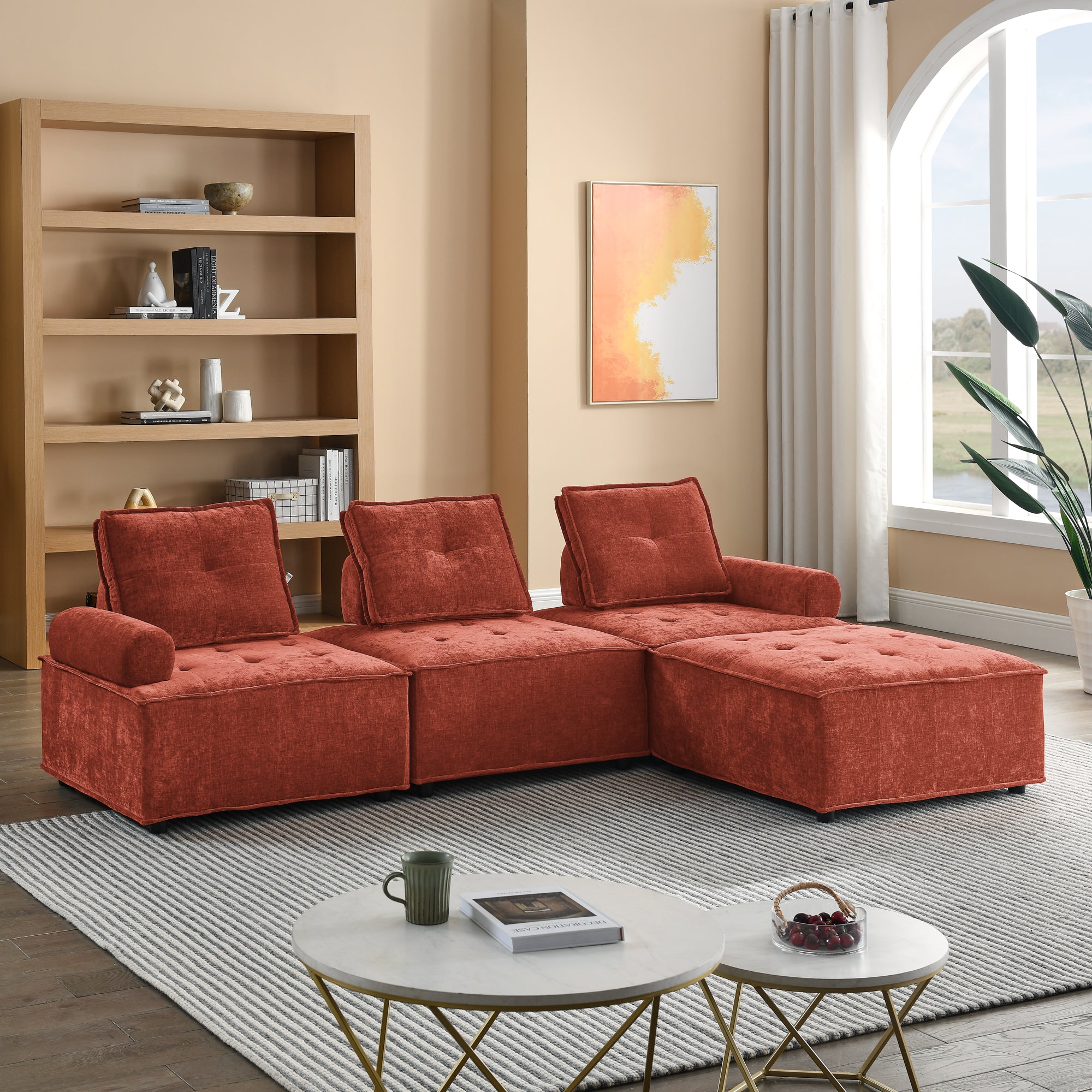 L Shape Modular Sectional Sofa, Diy Combination, Chenille Red Chenille Wood Tight Back Eucalyptus Square Arms Foam Chenille 4 Seat