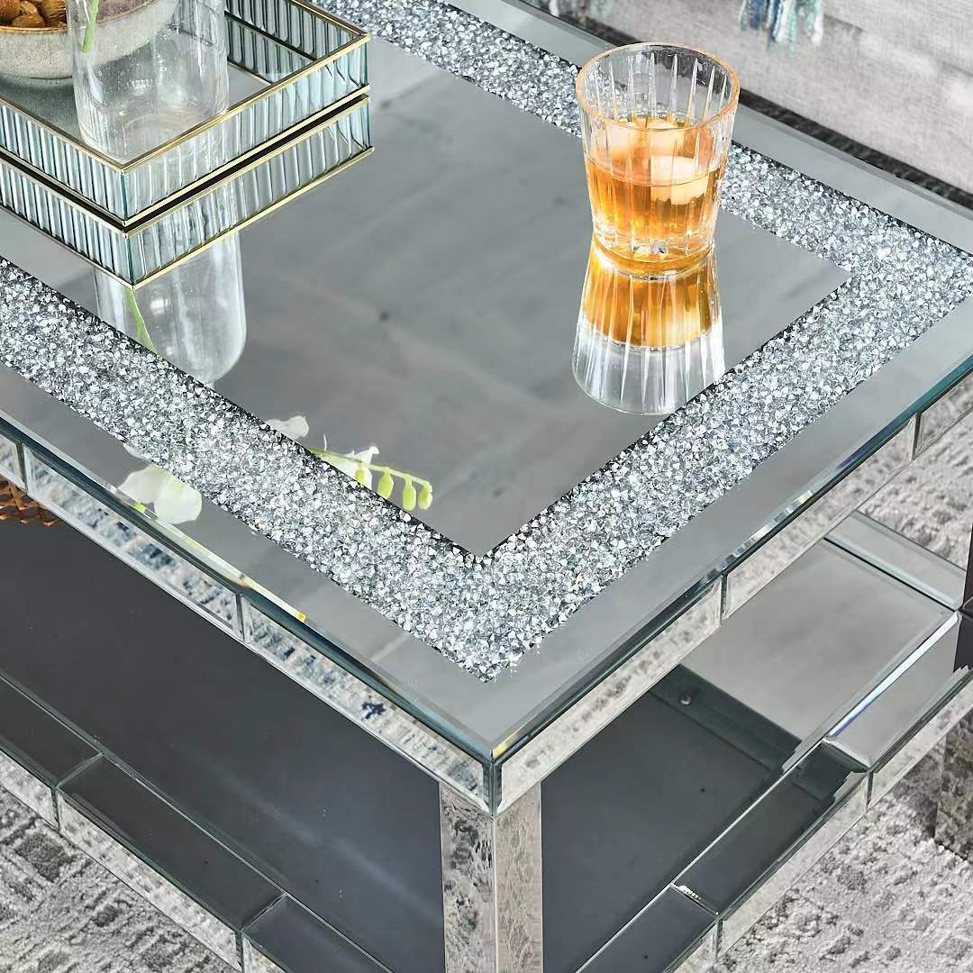 W 39.5" X D 19.5"X H 19.5" 2 Layer Crystal Mirror Stainless Steel Frame Coffee Table For Use In Offices, Shops, Living Rooms, Or Bedrooms Keyboard Tray Office Silver Computer Desk American Design Manual Freestanding Rectangular Open Storage Coffee & End