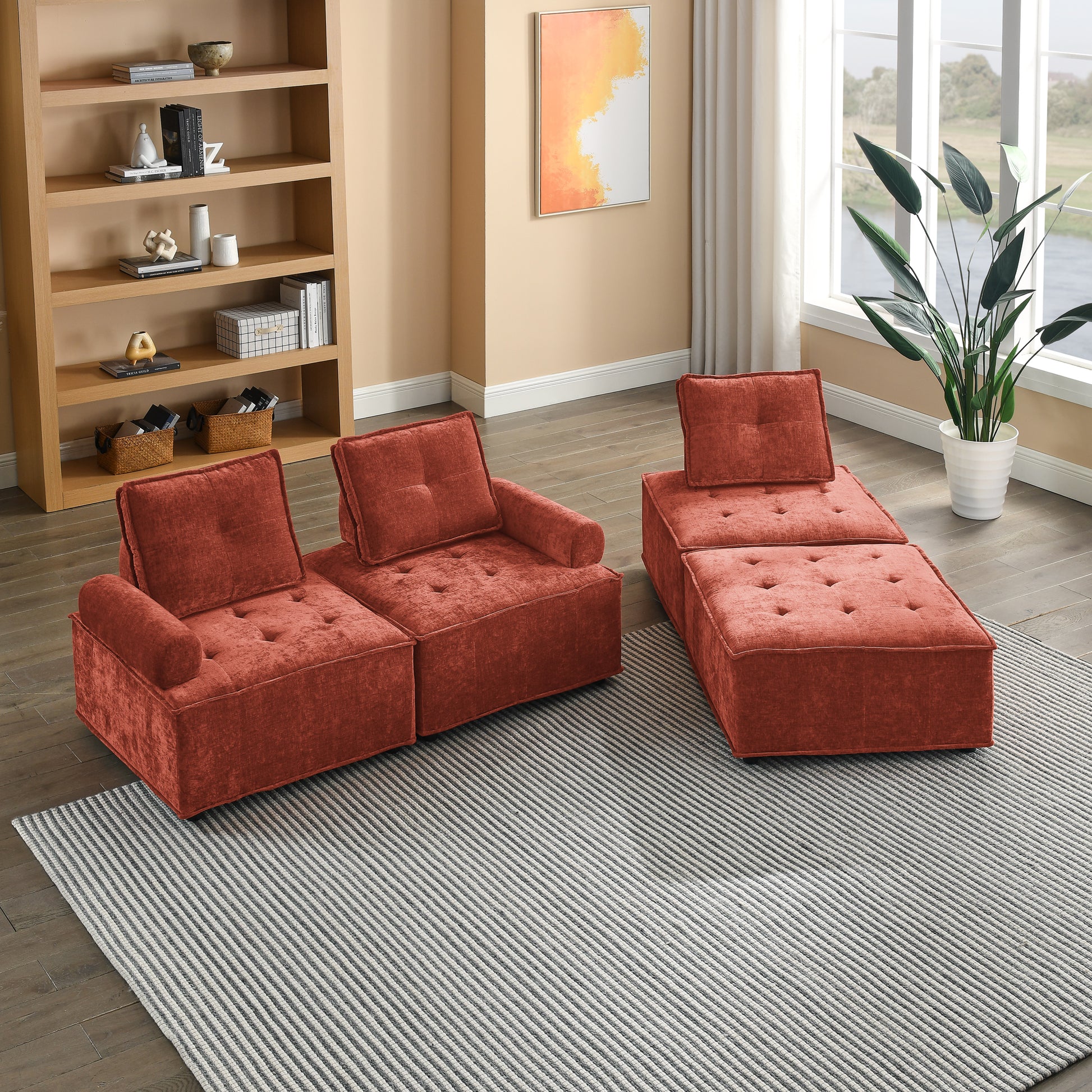 L Shape Modular Sectional Sofa, Diy Combination, Chenille Red Chenille Wood Tight Back Eucalyptus Square Arms Foam Chenille 4 Seat