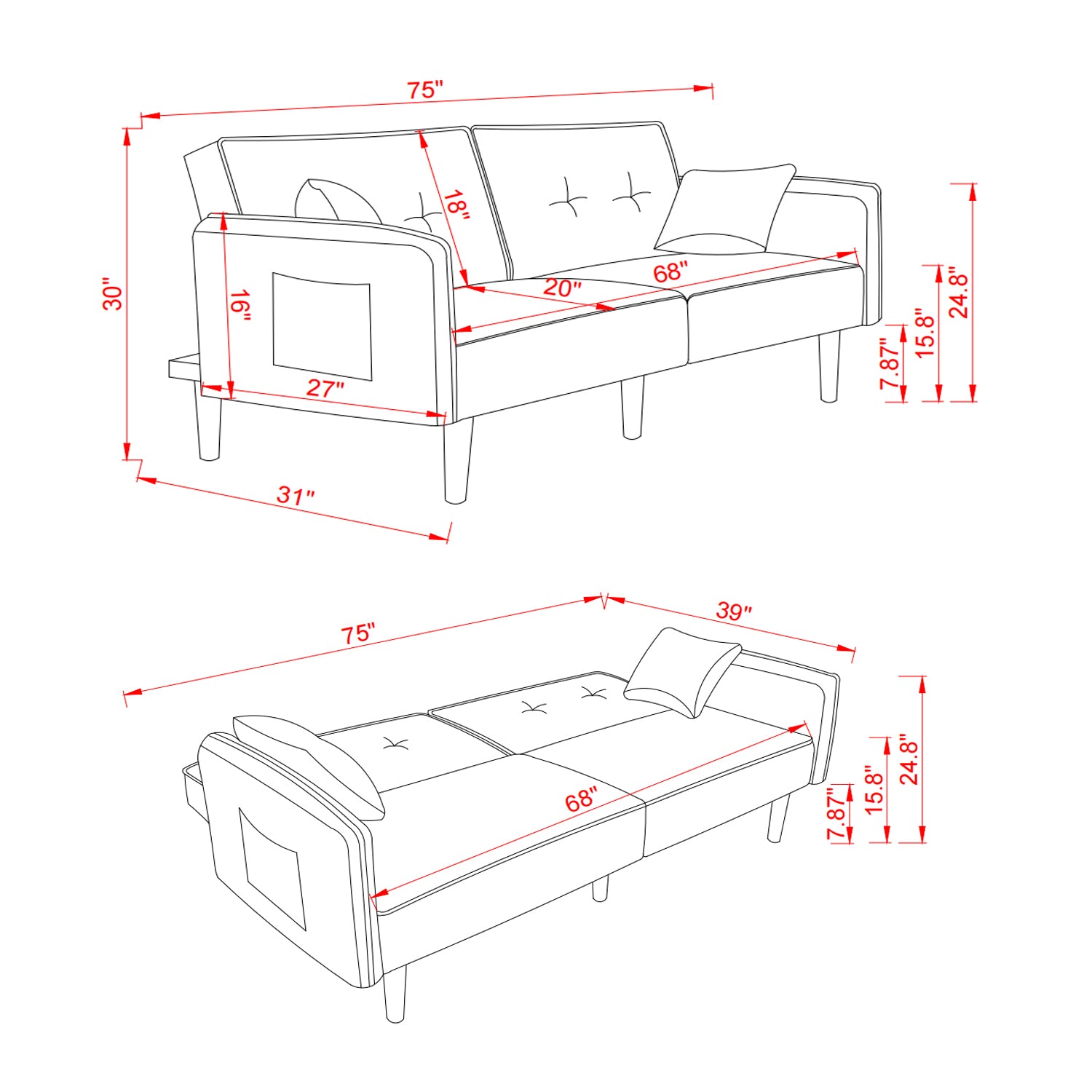 Living Room Bed Room Leisure Futon Sofa Bed In Blue Fabric With Solid Wood Leg Blue Foam Fabric