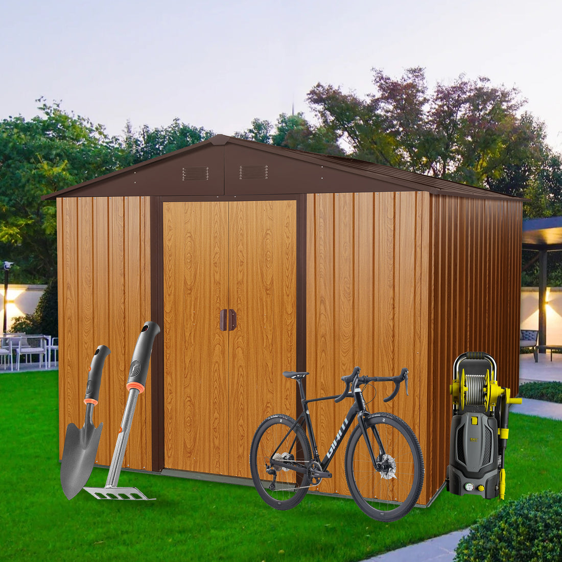 8Ft X 10Ft Outdoor Metal Storage Shed With Metal Floor Base,Coffee Coffee Iron