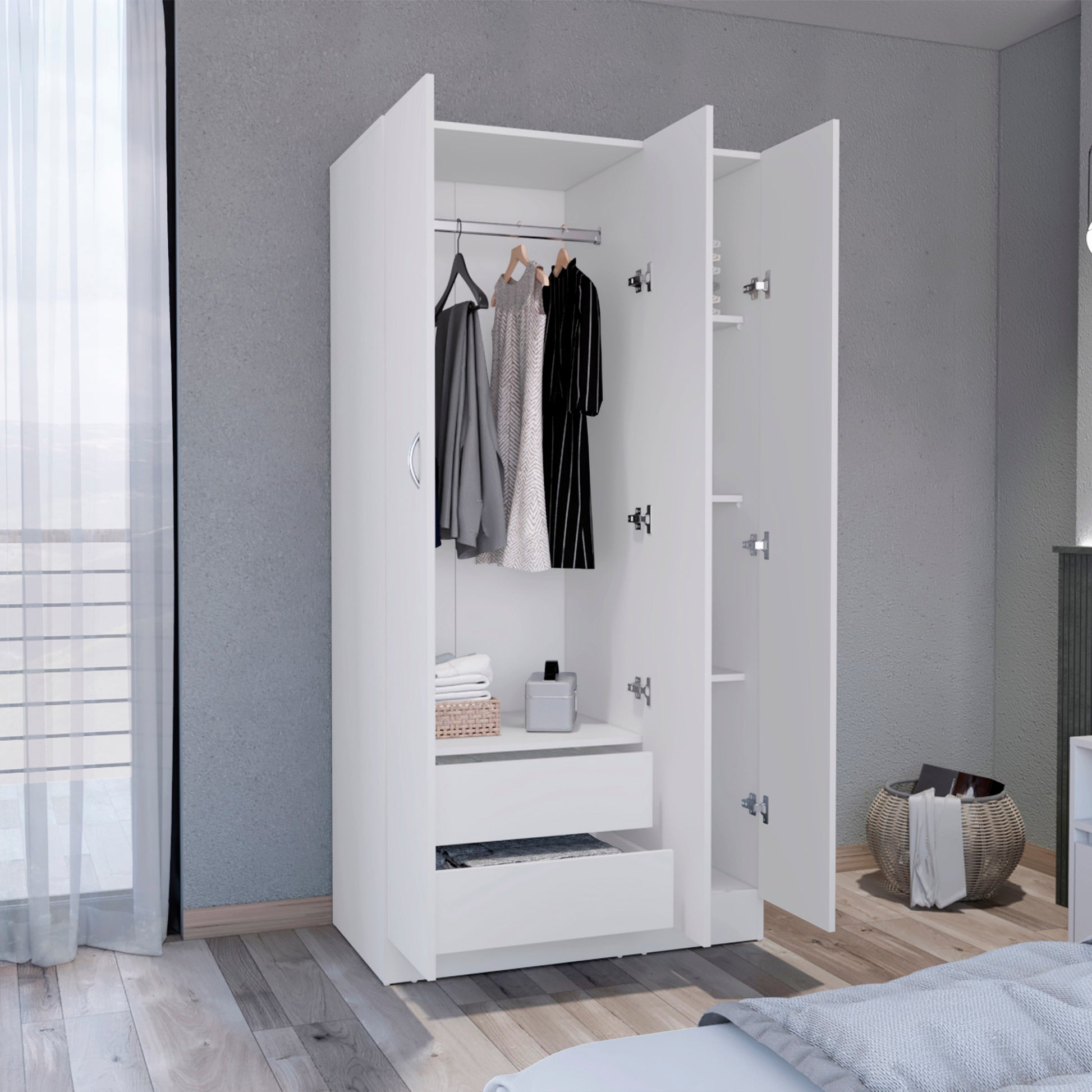 Wardrobe Armoire 71H" With 3 Doors And 2 Inner Drawers, 3 Doors, White White Bedroom Modern Pine Particle Board Particle Board