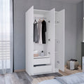 Ohio Armoire Wardrobe With 3 Doors, 2 Drawers, And 4 Tier Shelves White White Particle Board