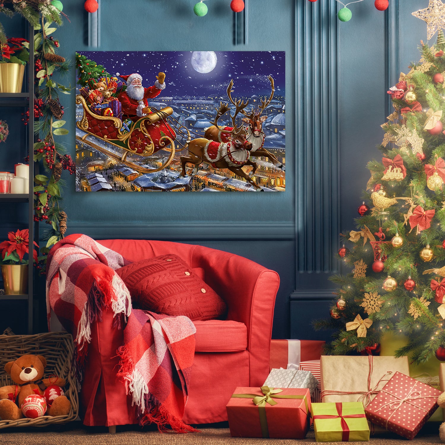 Framed Canvas Wall Art Decor Painting For Chrismas, Santa On Sleigh With Reindeer Gift Decoration For Chrismas Eve Office Living Room, Bedroom Decor Ready To Hang 3624Inch Thickness 1.5Inch Rectangle Framed Multicolor Christmas Oversized 41In Canvas