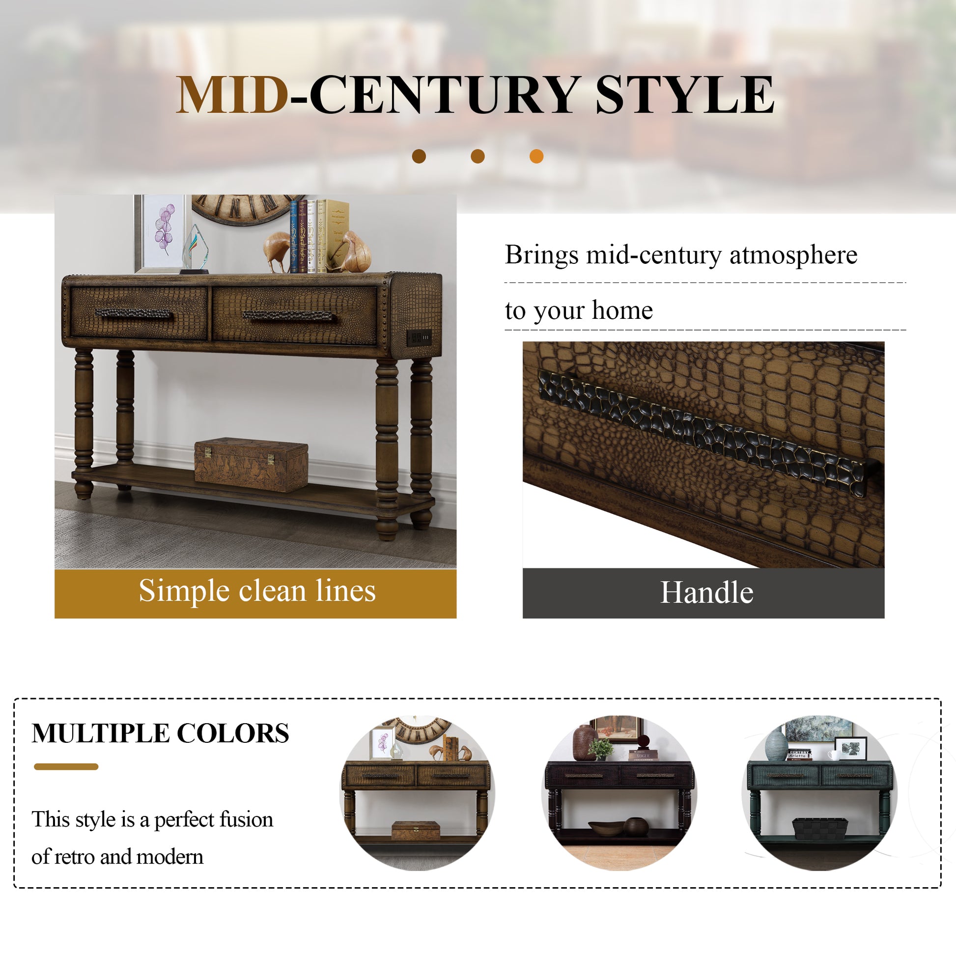 Light Luxury Retro Sofa Table With Outlets, 54 Inch Pine Wood Console Table With 2 Power Outlets And 2 Usb Ports For Entryway Hallway Living Room With Solid Wood Legs Antique Yellow Antique Yellow Built In Outlets Or Usb Primary Living Space American