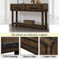 Light Luxury Retro Sofa Table With Outlets, 54 Inch Pine Wood Console Table With 2 Power Outlets And 2 Usb Ports For Entryway Hallway Living Room With Solid Wood Legs Antique Yellow Antique Yellow Built In Outlets Or Usb Primary Living Space American