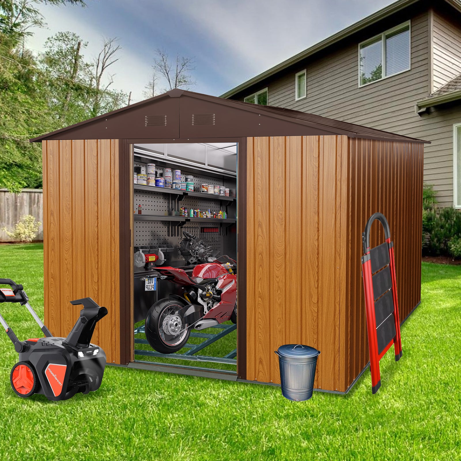 8Ft X 10Ft Outdoor Metal Storage Shed With Metal Floor Base,Coffee Coffee Iron