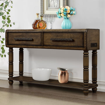 Light Luxury Retro Sofa Table With Outlets, 54 Inch Pine Wood Console Table With 2 Power Outlets And 2 Usb Ports For Entryway Hallway Living Room With Solid Wood Legs Antique Yellow Antique Yellow Built In Outlets Or Usb Primary Living Space American
