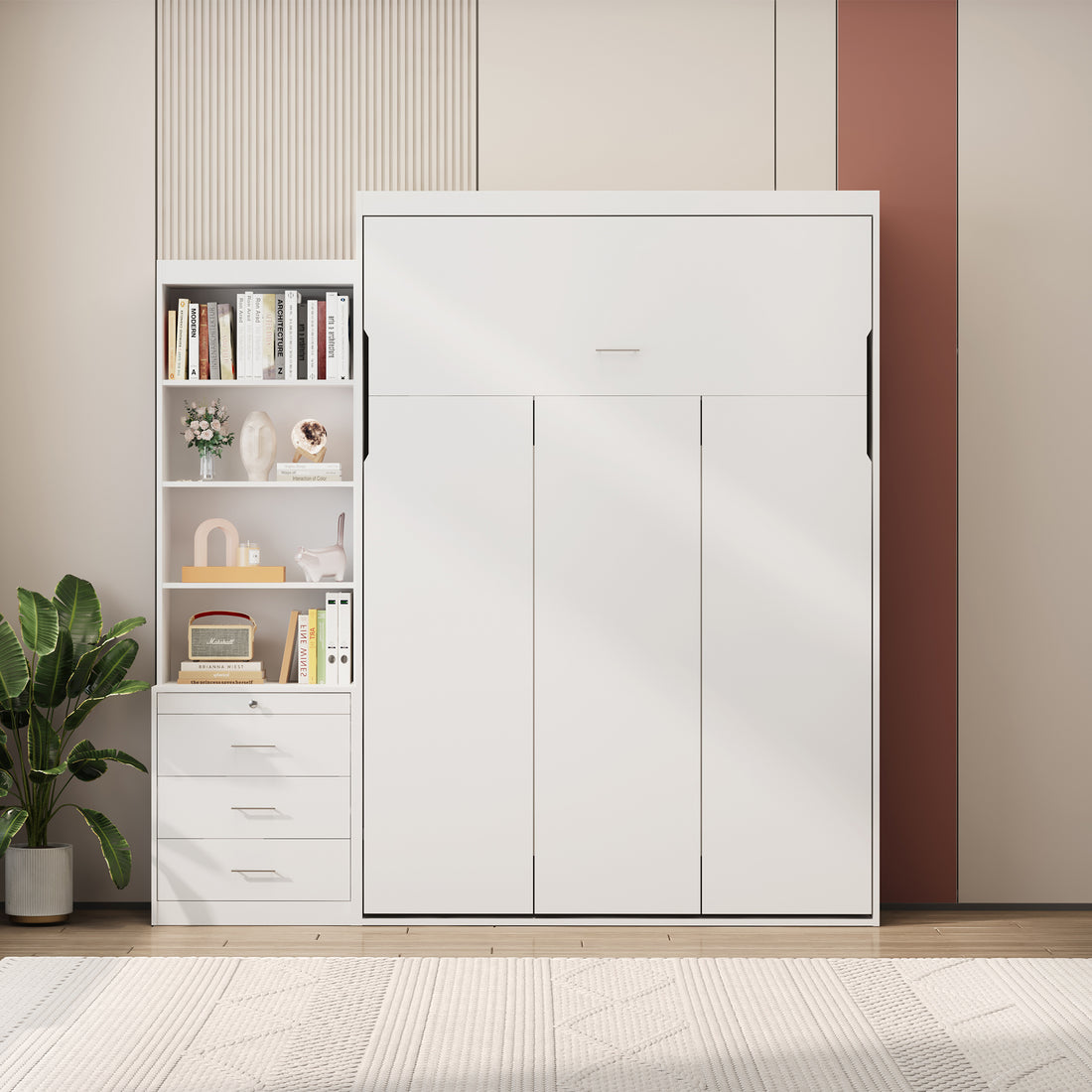 Morden Deisgn Full Size Vertical Murphy Bed With Shelf And Drawers For Bedroom Or Guestroom White Wall Bed Space Saving Hidden Bed With Style Gas Struts Box Spring Not Required Full White Metal White Bedroom American Design,European,Modern Murphy Plywood