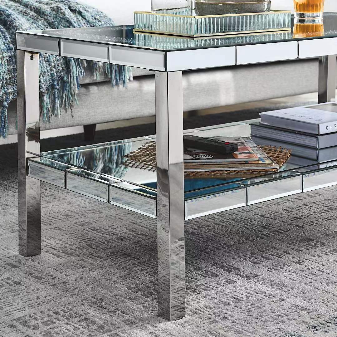 W 39.5" X D 19.5"X H 19.5" 2 Layer Crystal Mirror Stainless Steel Frame Coffee Table For Use In Offices, Shops, Living Rooms, Or Bedrooms Keyboard Tray Office Silver Computer Desk American Design Manual Freestanding Rectangular Open Storage Coffee & End
