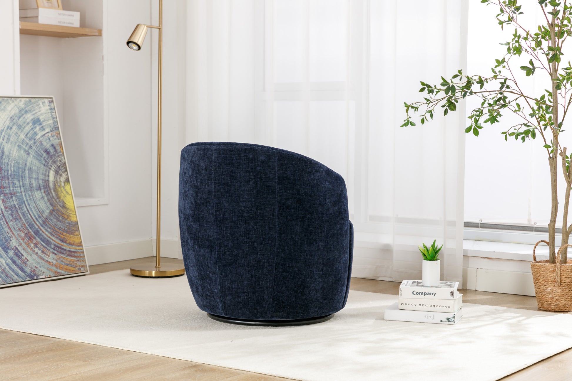 Chenille Fabric Swivel Accent Armchair Barrel Chair With Black Powder Coating Metal Ring,Blue Blue Foam Chenille