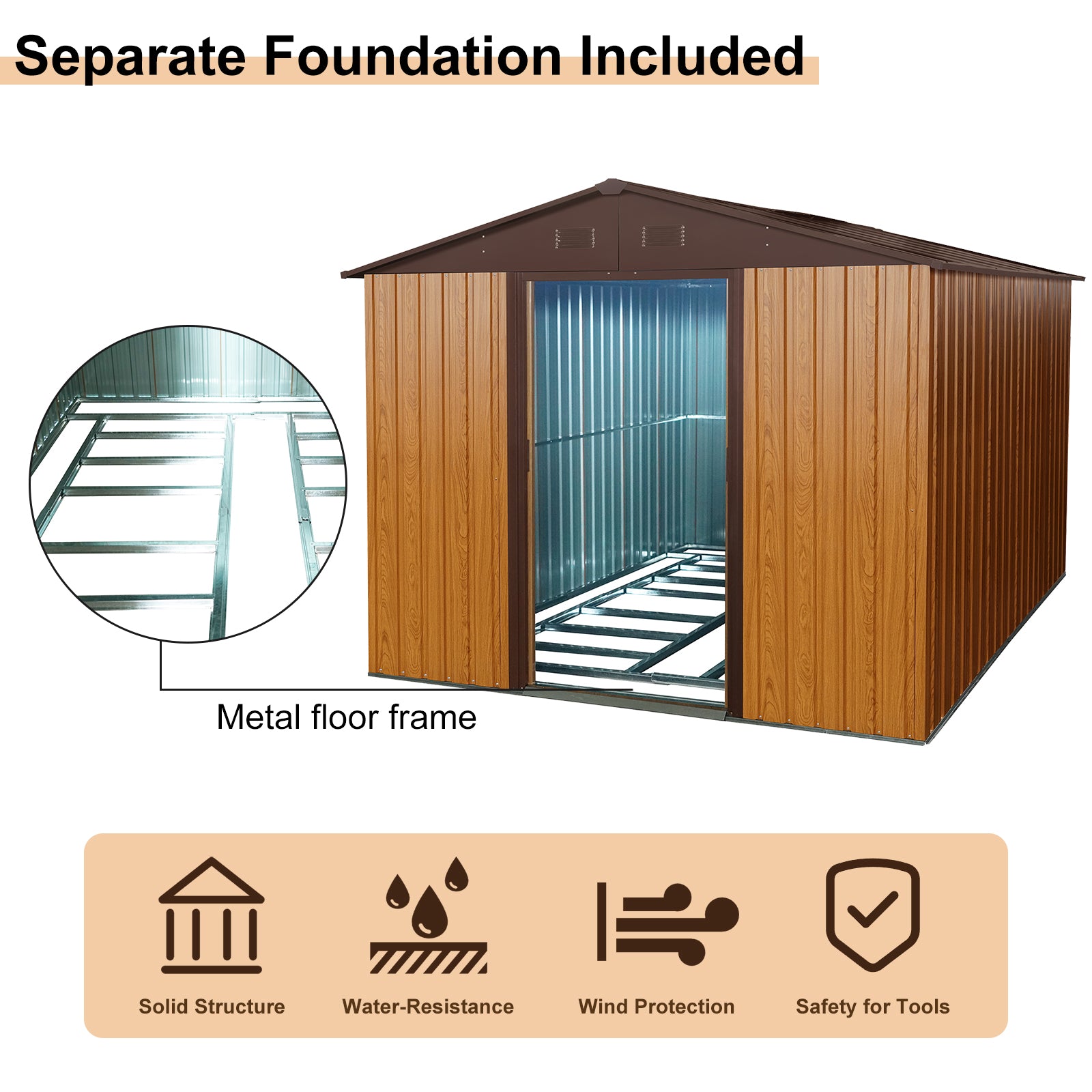 8Ft X 10Ft Outdoor Metal Storage Shed With Metal Floor Base,Coffee Coffee Iron