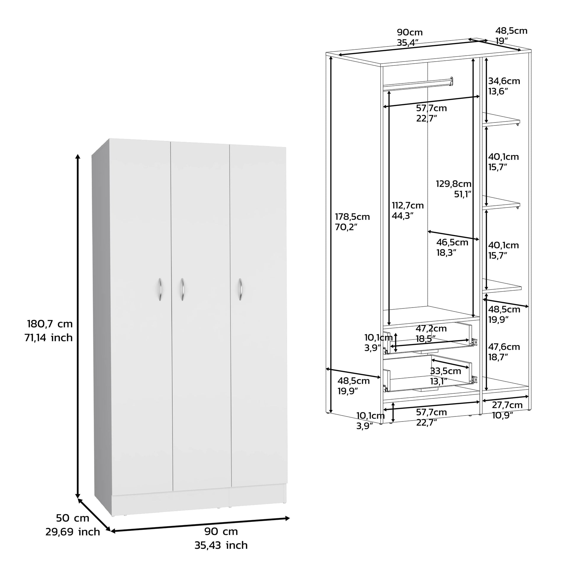 Ohio Armoire Wardrobe With 3 Doors, 2 Drawers, And 4 Tier Shelves White White Particle Board