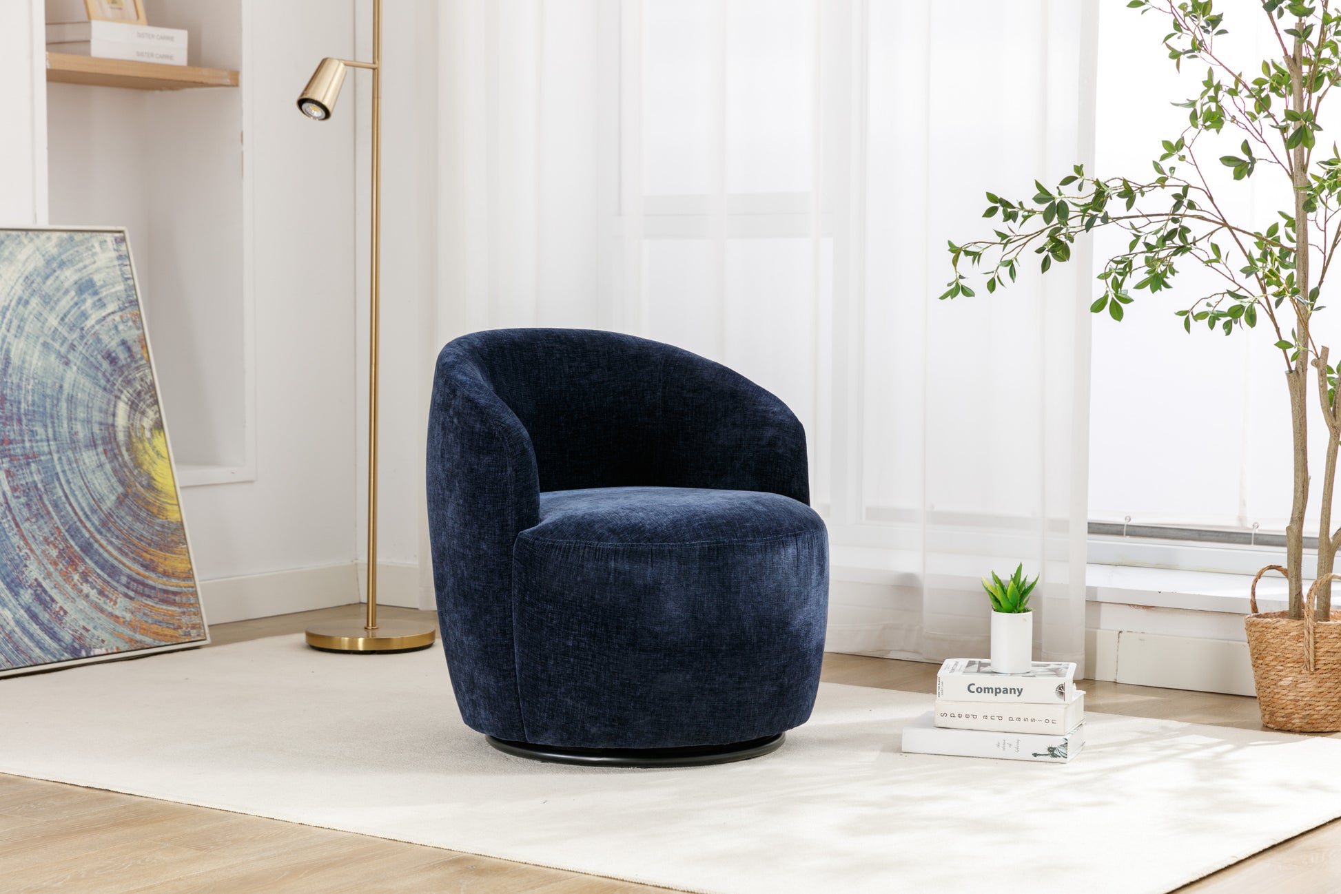 Chenille Fabric Swivel Accent Armchair Barrel Chair With Black Powder Coating Metal Ring,Blue Blue Foam Chenille