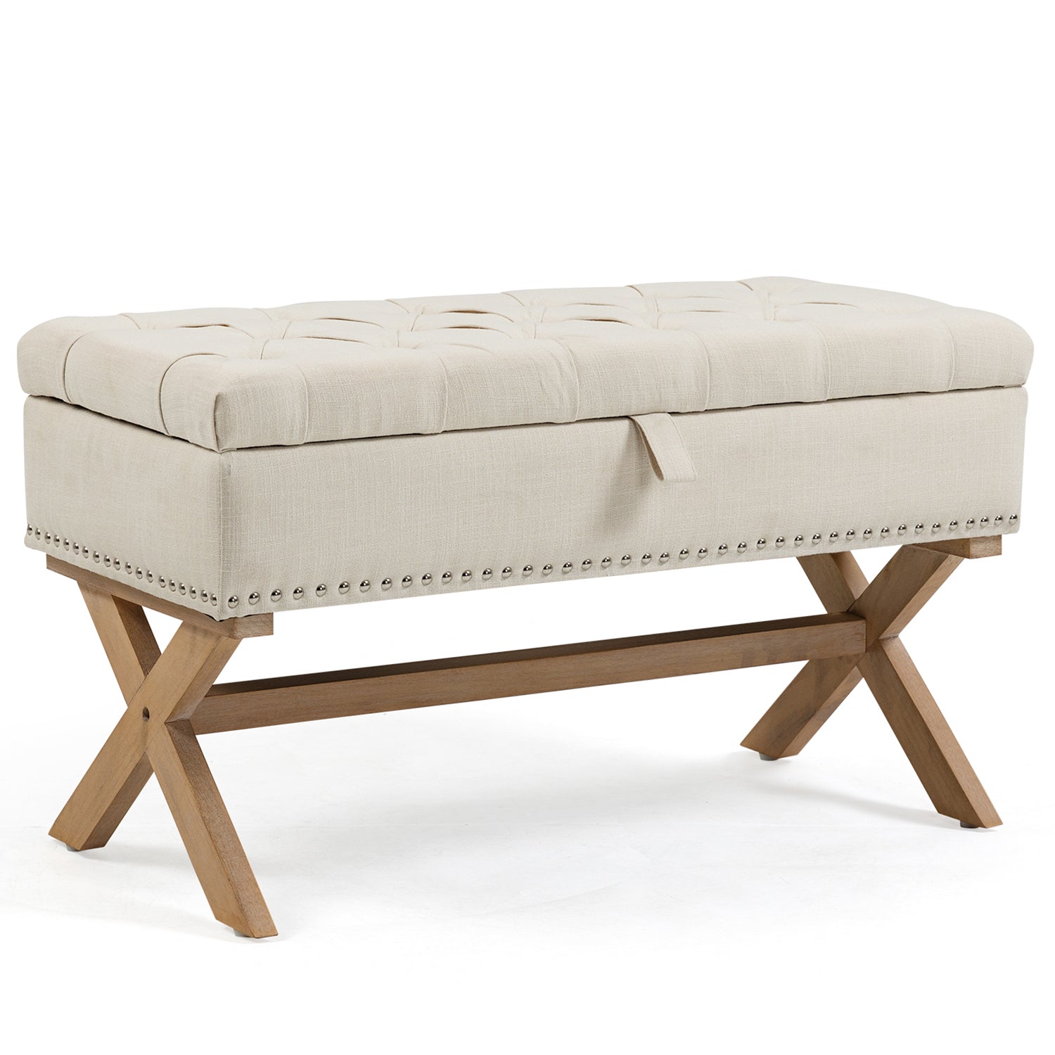 35 Inch Storage Ottoman, Button Tufted Ottoman Linen Storage Bench, Ottoman With Storage Light Beige Burlap