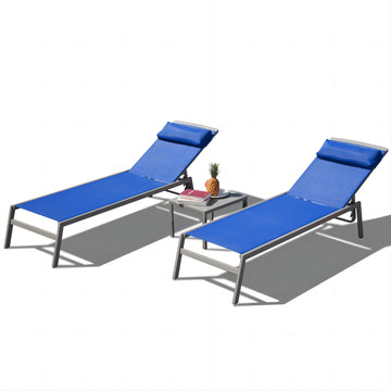 Patio Chaise Lounge Set, 3 Pieces Adjustable Aluminum Backrest Pool Lounge Chairs Textilene Sunbathing Recliner With Headrest Blue,2 Lounge Chairs 1 Table Blue Aluminium