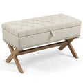 35 Inch Storage Ottoman, Button Tufted Ottoman Linen Storage Bench, Ottoman With Storage Light Beige Burlap