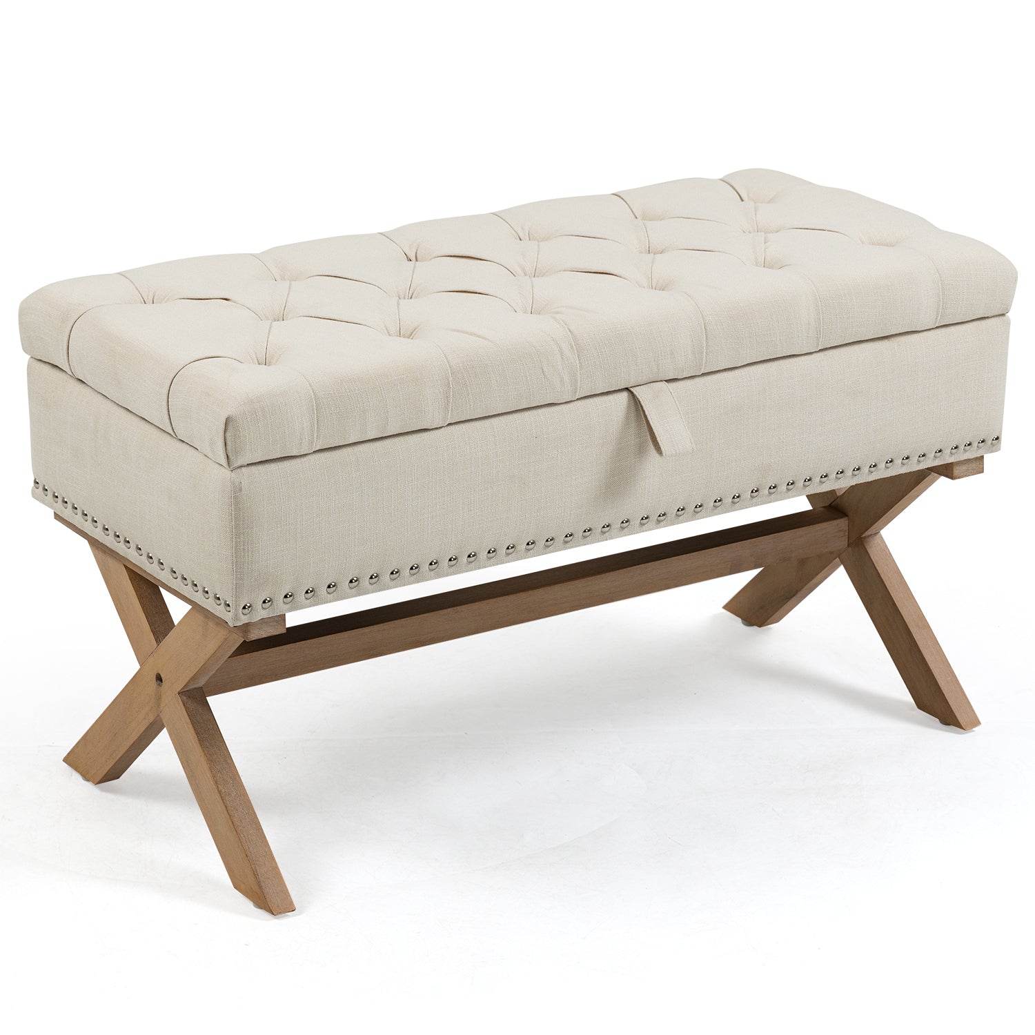 35 Inch Storage Ottoman, Button Tufted Ottoman Linen Storage Bench, Ottoman With Storage Light Beige Burlap